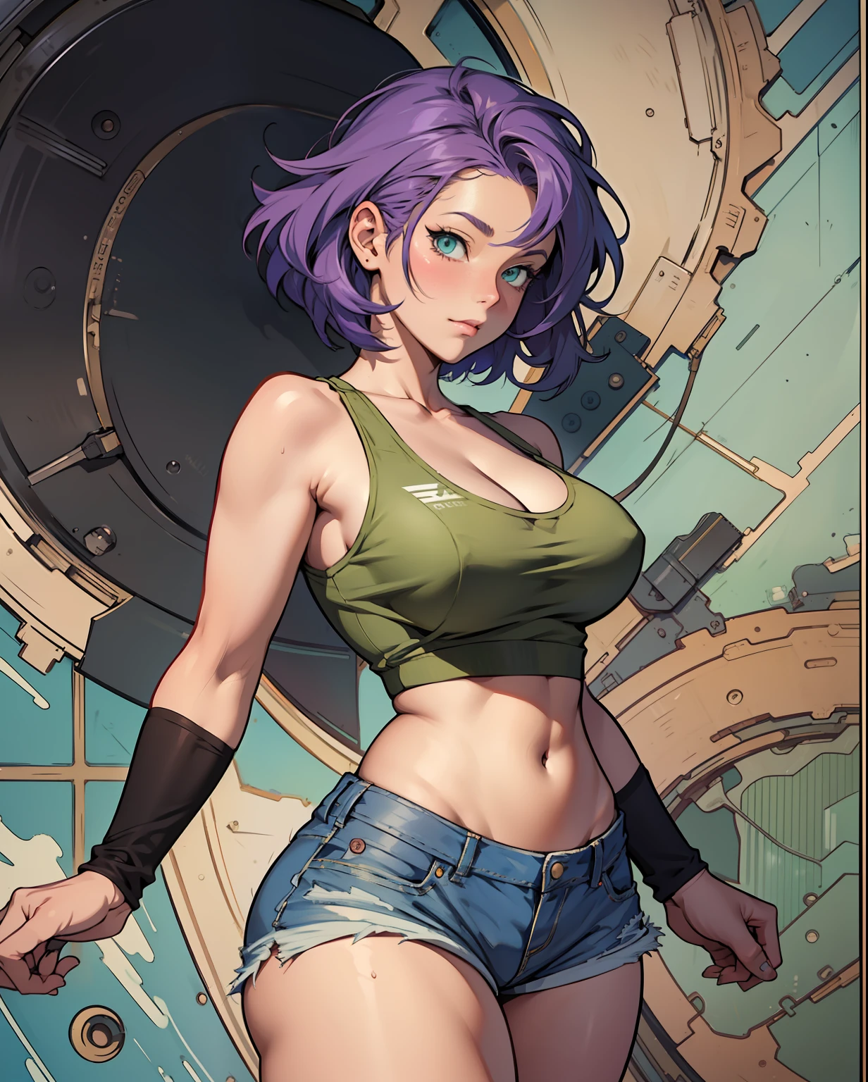 /draw [retro anime art style:1.5], old anime, 1980s \(style\), 1990s \(style\), watercolor \(medium\), 1girl, breasts, tank top, purple hair, short hair, green eyes, large breasts, fit, wide hips, solo, 1girl, denim shorts, [perfect hands:1.8], ((sneakers)), (hyperdetailed:1.5), [detailed], ((best quality)), ((masterpiece)), (soft light, sharp:0.3), {illustration}, (illustration, uhd, unreal engine, sharp focus,), op quality, best quality, official art, ultra detailed texture, ultra detailed hands, (curvy), {manga cover style}, cute face, (manga cover:0.3), (full body:0.5), (concept art:0.8)