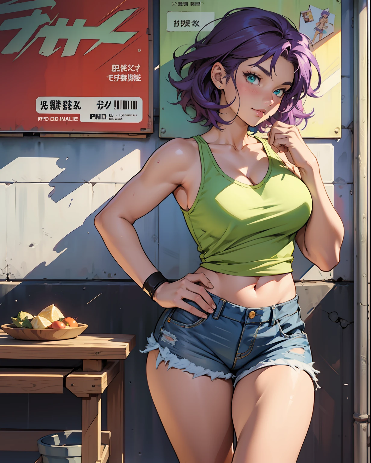 /draw [retro anime art style:1.5], old anime, 1980s \(style\), 1990s \(style\), watercolor \(medium\), 1girl, breasts, tank top, purple hair, short hair, green eyes, large breasts, fit, wide hips, solo, 1girl, denim shorts, [perfect hands:1.8], ((sneakers)), (hyperdetailed:1.5), [detailed], ((best quality)), ((masterpiece)), (soft light, sharp:0.3), {illustration}, (illustration, uhd, unreal engine, sharp focus,), op quality, best quality, official art, ultra detailed texture, ultra detailed hands, (curvy), {manga cover style}, cute face, (manga cover:0.3), (full body:0.5), (concept art:0.8)