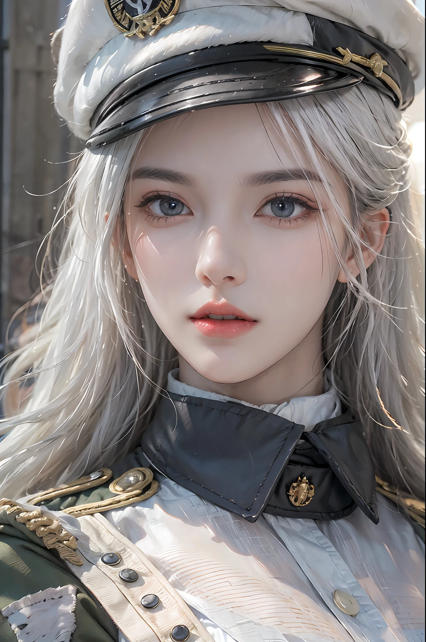 photorealistic, high resolution, 1 woman, hips up, beautiful eyes, white hair, long hair, ringed eyes, military uniform