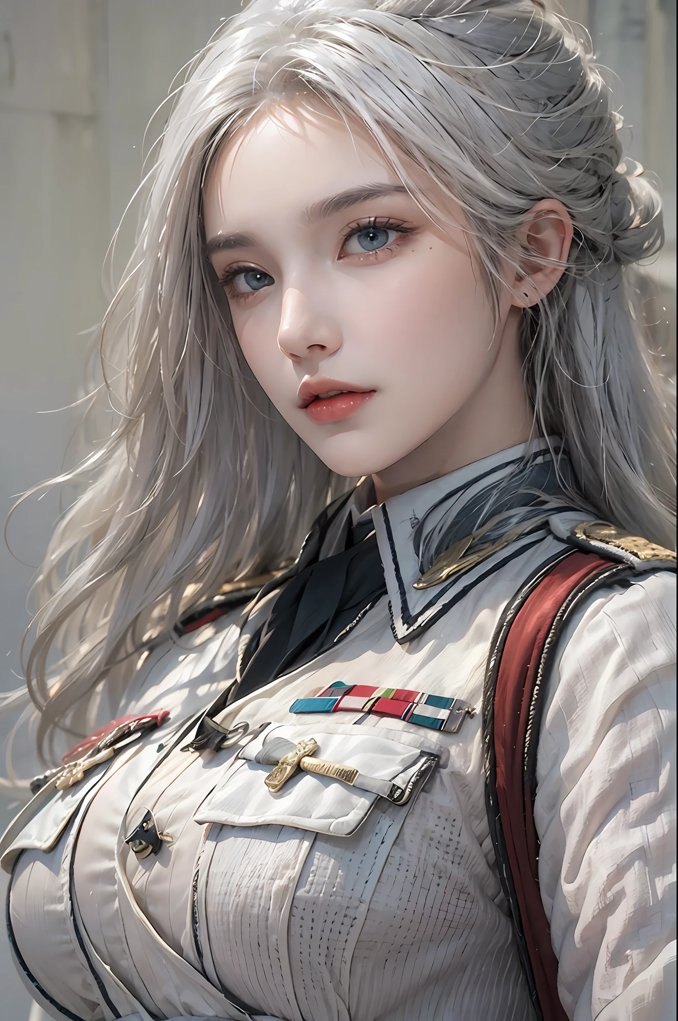 photorealistic, high resolution, 1 woman, hips up, beautiful eyes, white hair, long hair, ringed eyes, military uniform