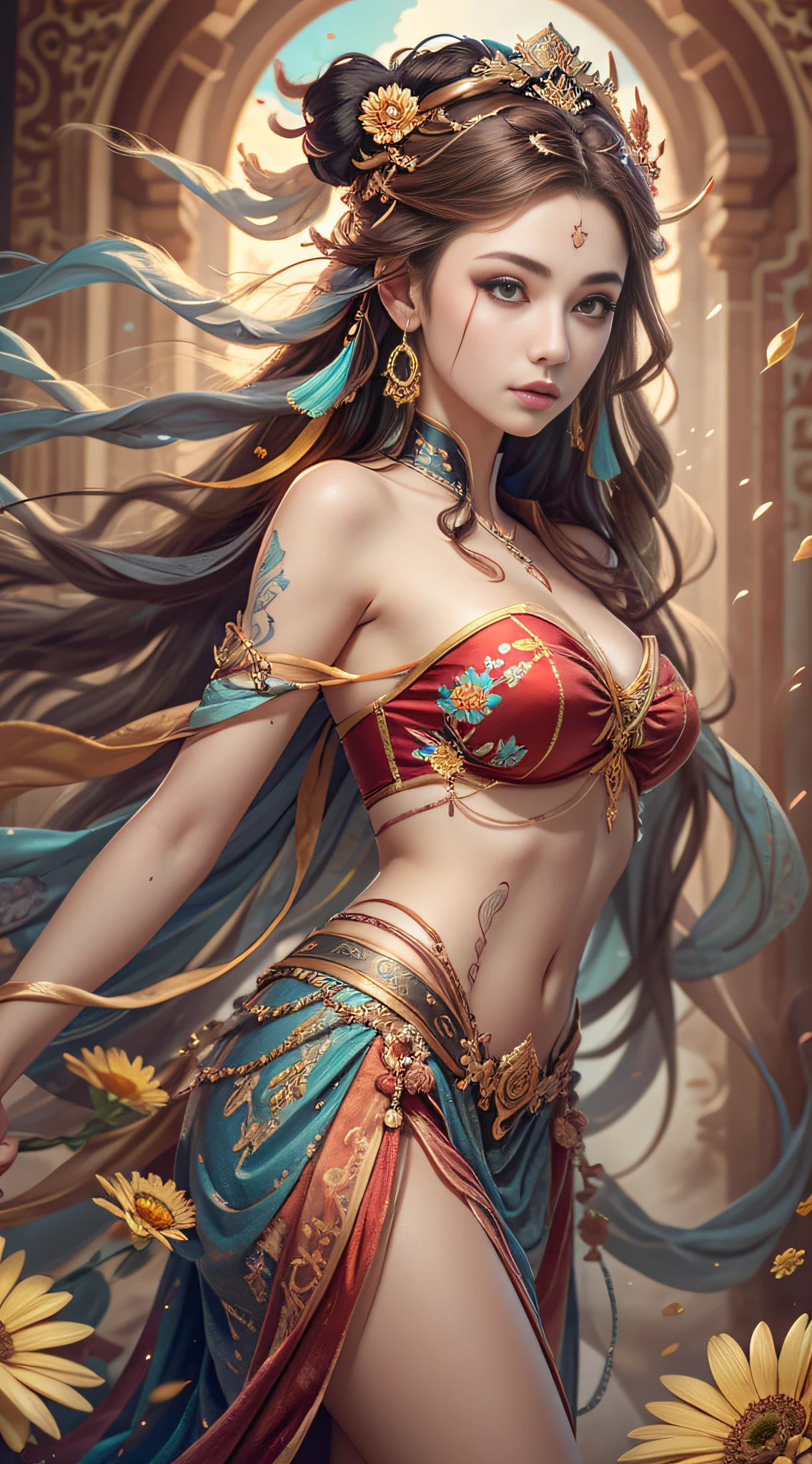 Bestquality,a masterpiece,Ultra-detailed high resolution,(Vivid:1.4),RAW Photos,,illustartion,1girle,(Solo exhibition:1.2),(Cowboy lens:1.2),(Hair crown:1.2),Traditional costumes of Dunhuang, China,strapless,(Red eyeliner:1.2),(Black eyes:1.4),earings,Dynamic angle,opera house,messy_long_hair,ink,Cinematic Light,lens_flare,velvet,chrysanthemum,tassels,Ribbon,Colorful embroidery,upper half body,facing the lens,Dynamic Pose,Large,Embroidered cloth shoes