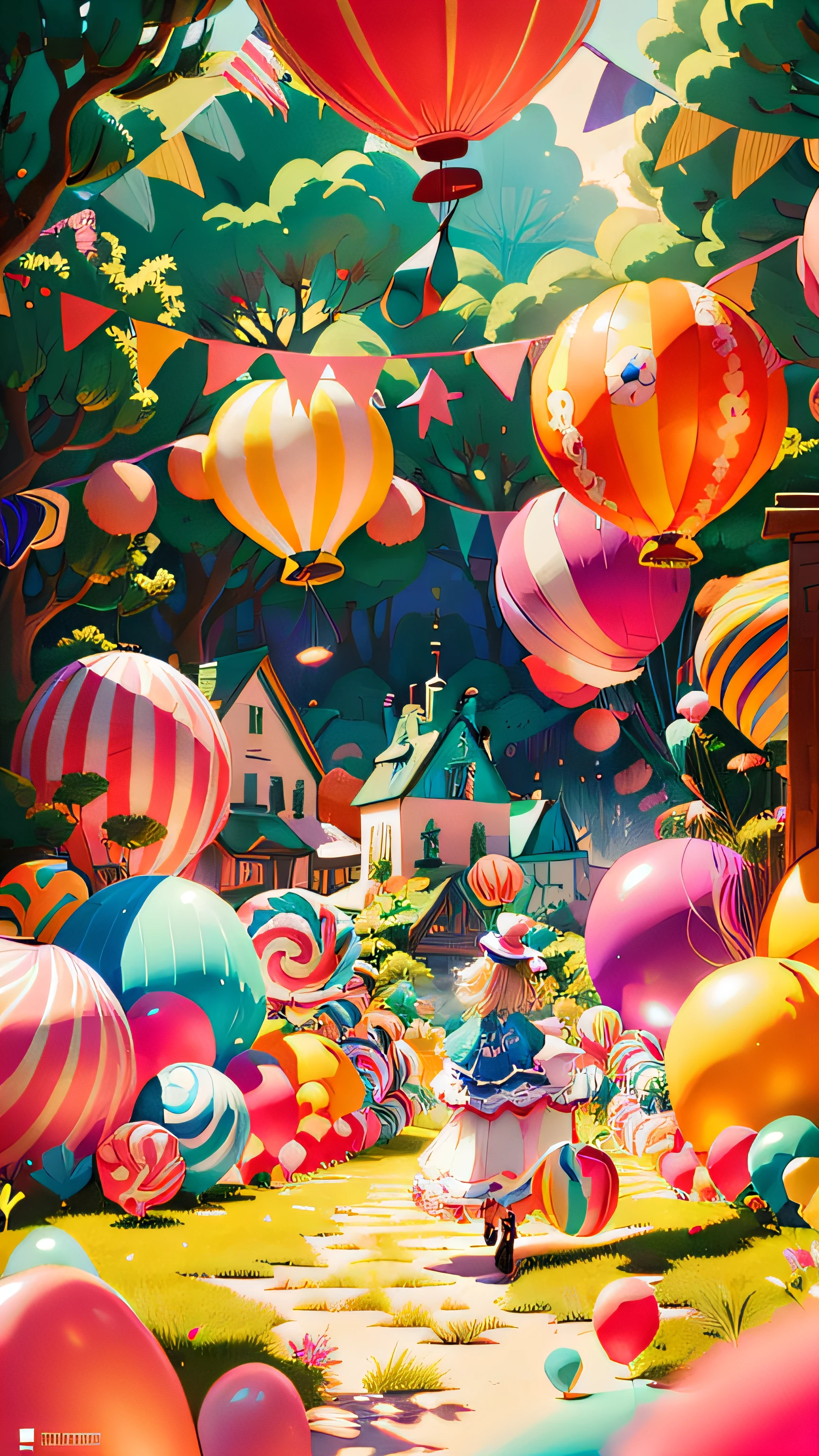 There are many balloons and other decorations in the venue, background artwork, Cute detailed digital art, lovely digital painting, candy forest, arte de fundo, A beautiful artwork illustration, colorful concept art, Colorful illustration, Stylized digital illustration, colorful digital painting, Magic world. Colorful, 4k highly detailed digital art, detailed game art illustration, art contest winner on behance