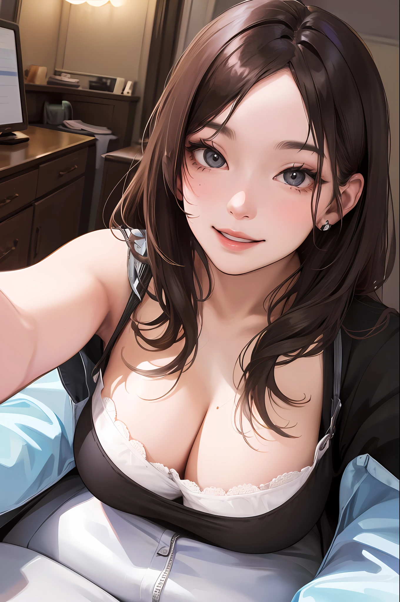 realistic, 2 girls, face enhancement, face extra large zoom, selfie, look up, stare at me, cleavage enhancement, smile, sit on bed