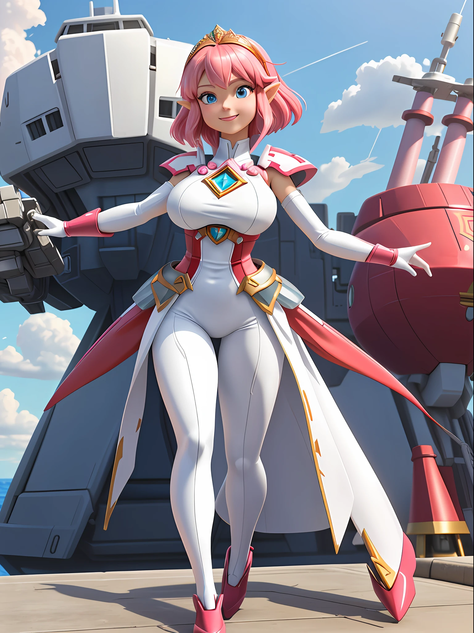 {(Princess Zelda)}, {only she is ((in red mecha outfit with organic, transparent and tight body parts in white)), only she has ((giant breasts)), ((very short pink hair, blue eyes)), ((staring at viewer, smiling, eyes of desire)), ((posing showing off her body))}, {((on a ship, she is in front of a giant robot, clouds in the sky, multiple people with different ethnicities))}, ((full body):1.5), 16k, best quality, best resolution, best sharpness,