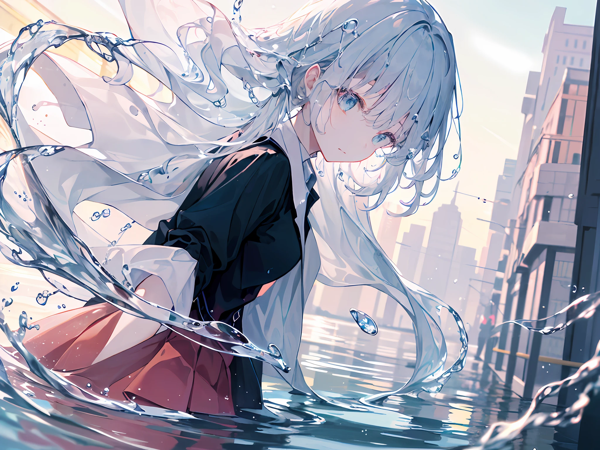 (Background), masterpiece, best quality,Illustration, Wallpaper, ultra detail, absurdres, 1girl, solo, (liquid hair:1.2), beautiful detailed eyes,
bangs, cowboy shot, long hair, magical girl, white hair, waves,  water,  water drop, looking to the side, wading, 
(street:1.5),  sun, cloudy sky,