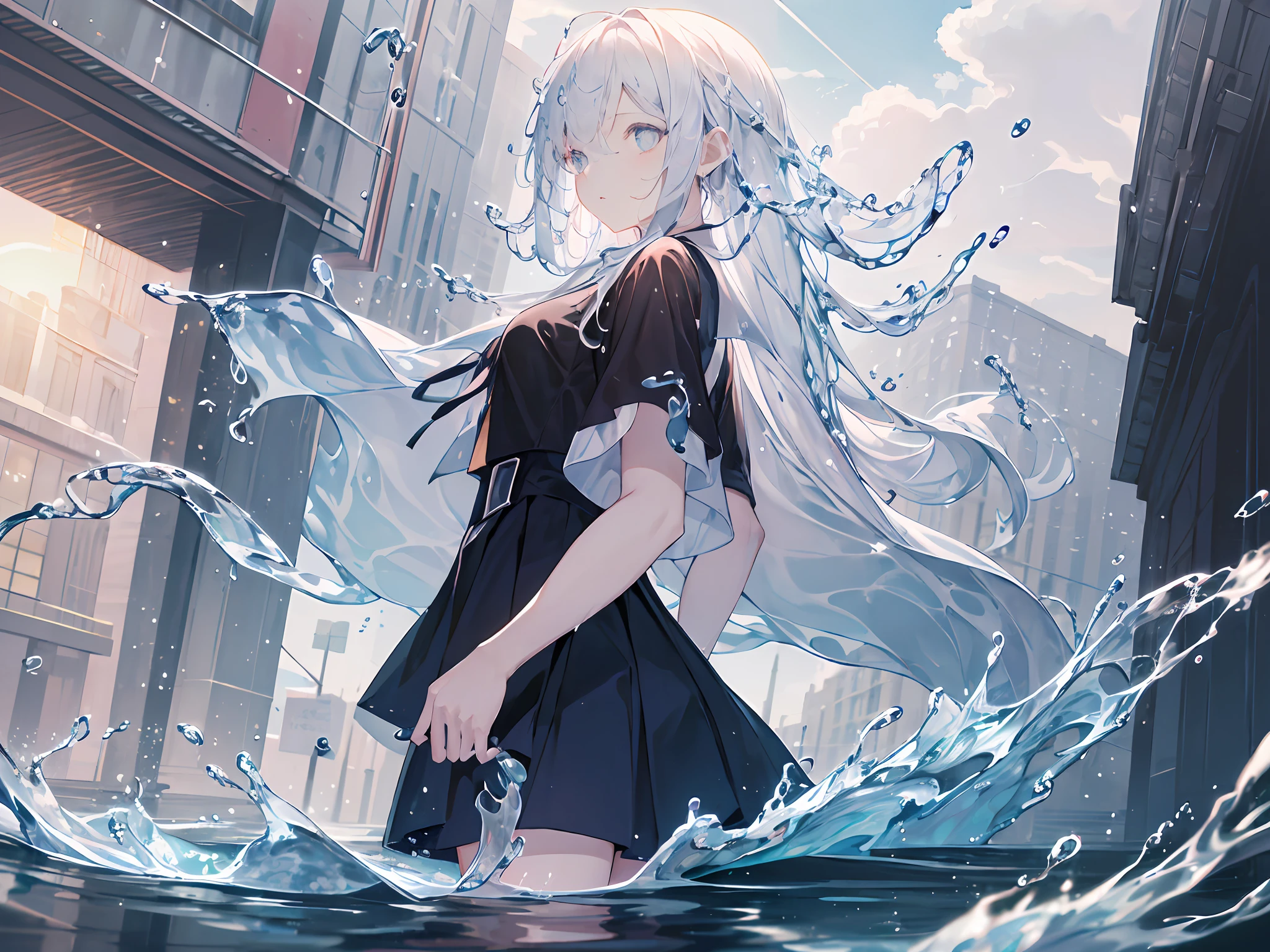 (Background), masterpiece, best quality,Illustration, Wallpaper, ultra detail, absurdres, 1girl, solo, (liquid hair:1.2), beautiful detailed eyes,
bangs, cowboy shot, long hair, magical girl, white hair, waves,  water,  water drop, looking to the side, wading, 
(street:1.5),  sun, cloudy sky,