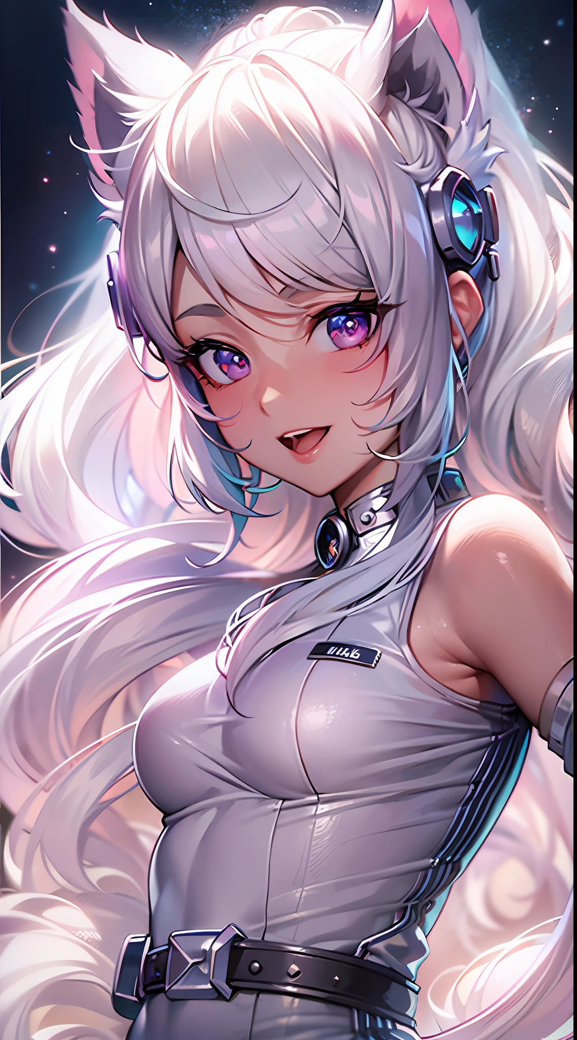 ((Masterpiece)), best quality, absurderes, ultra detailed, holographic, cowboy shot, dynamic pose, golden ratio, super cute girl, mature girl, extremely beautiful, super beautiful Asian girl with super beautiful violet eyes, super beautiful white hair, shiny skin, high ponytail, nice and sexy body, slim and delicate body, perfect body, wearing a super tight white leotard, a neon cat diadem, being photographed in an alien spaceship