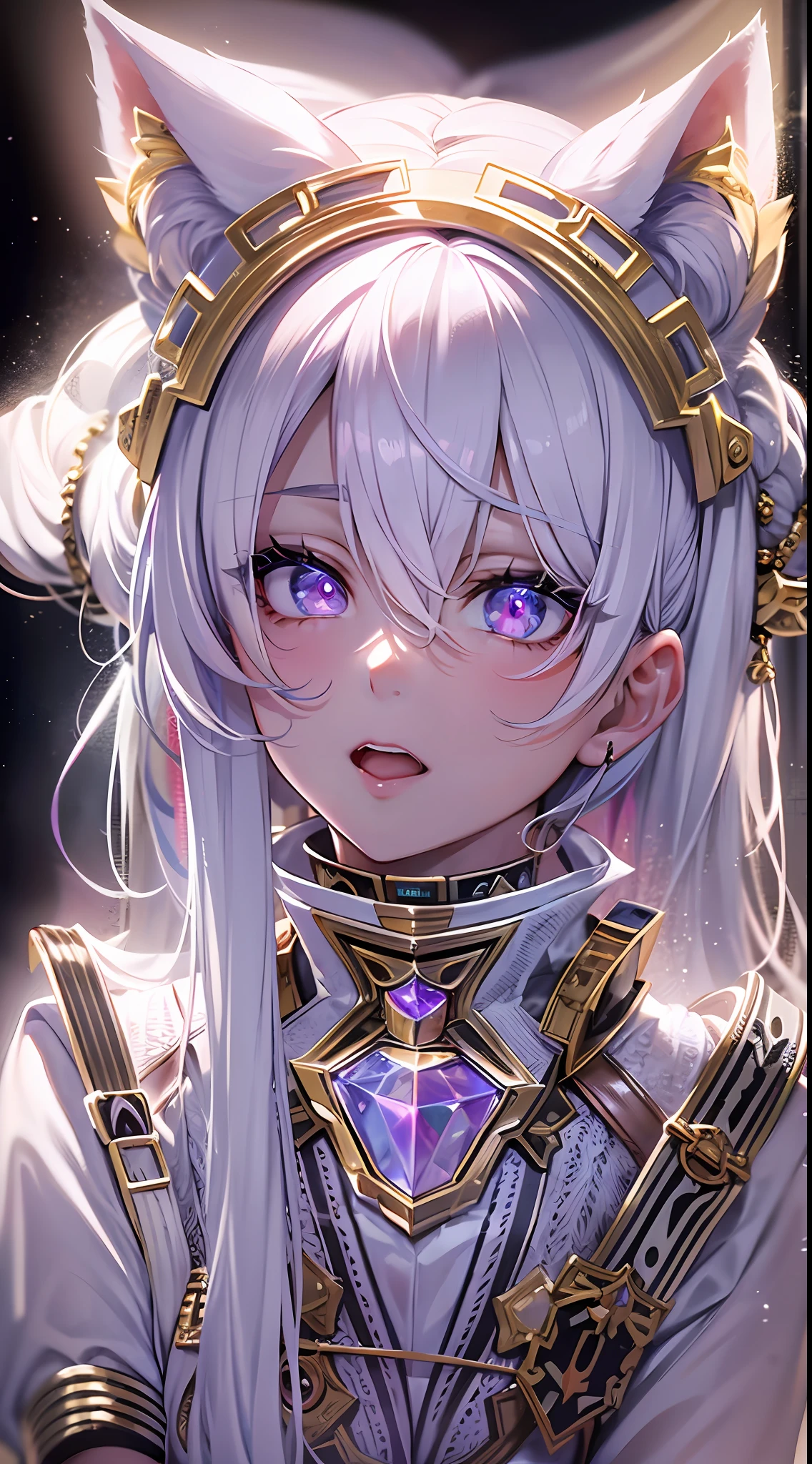 ((Masterpiece)), best quality, absurderes, ultra detailed, holographic, cowboy shot, dynamic pose, golden ratio, super cute girl, mature girl, extremely beautiful, super beautiful Asian girl with super beautiful violet eyes, super beautiful white hair, shiny skin, high ponytail, nice and sexy body, slim and delicate body, perfect body, wearing a super tight white leotard, a neon cat diadem, being photographed in an alien spaceship