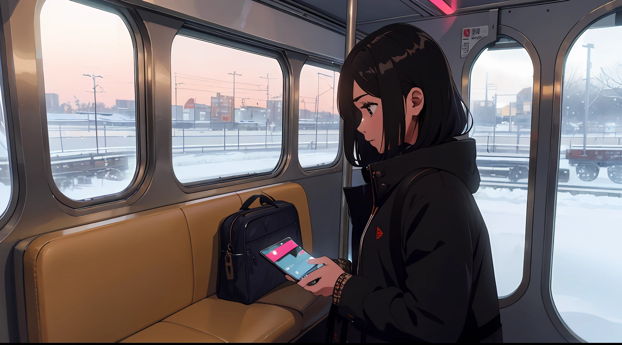 The girl is wearing winter clothes on a train, atendendo a um telefone, sentindo amor e tristeza, 1girl, cena emotiva. --auto