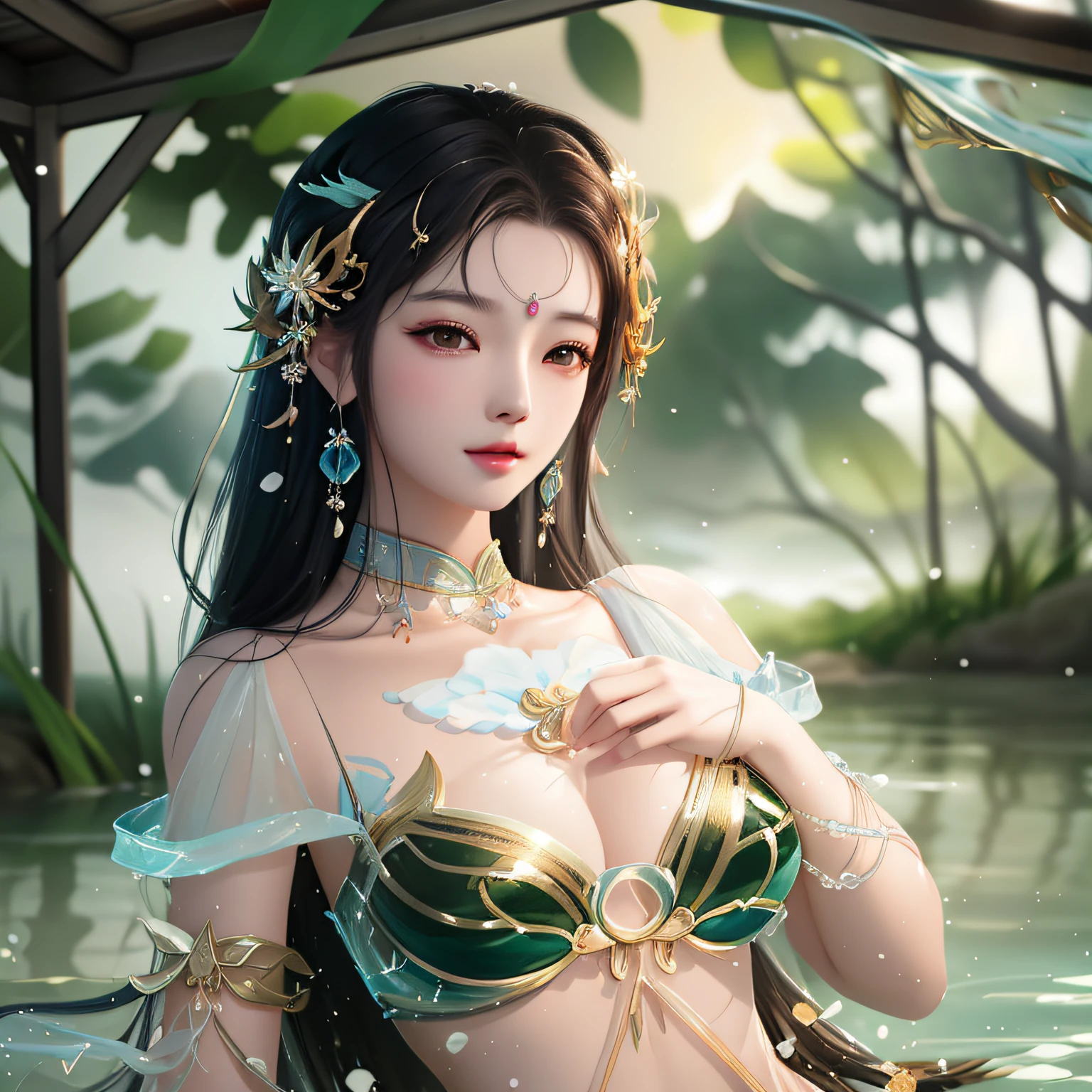 Draw a woman in a bikini in the water, by Yang J, Beautiful digital artwork, Beautiful character painting, Guviz-style artwork, Fantasy art style, digital fantasy art ), By Li Song, author:Fan Qi, beautiful gorgeous digital art, Asian Woman Water Elemental, beautiful digital art, nymph in the water, a beautiful fantasy empress