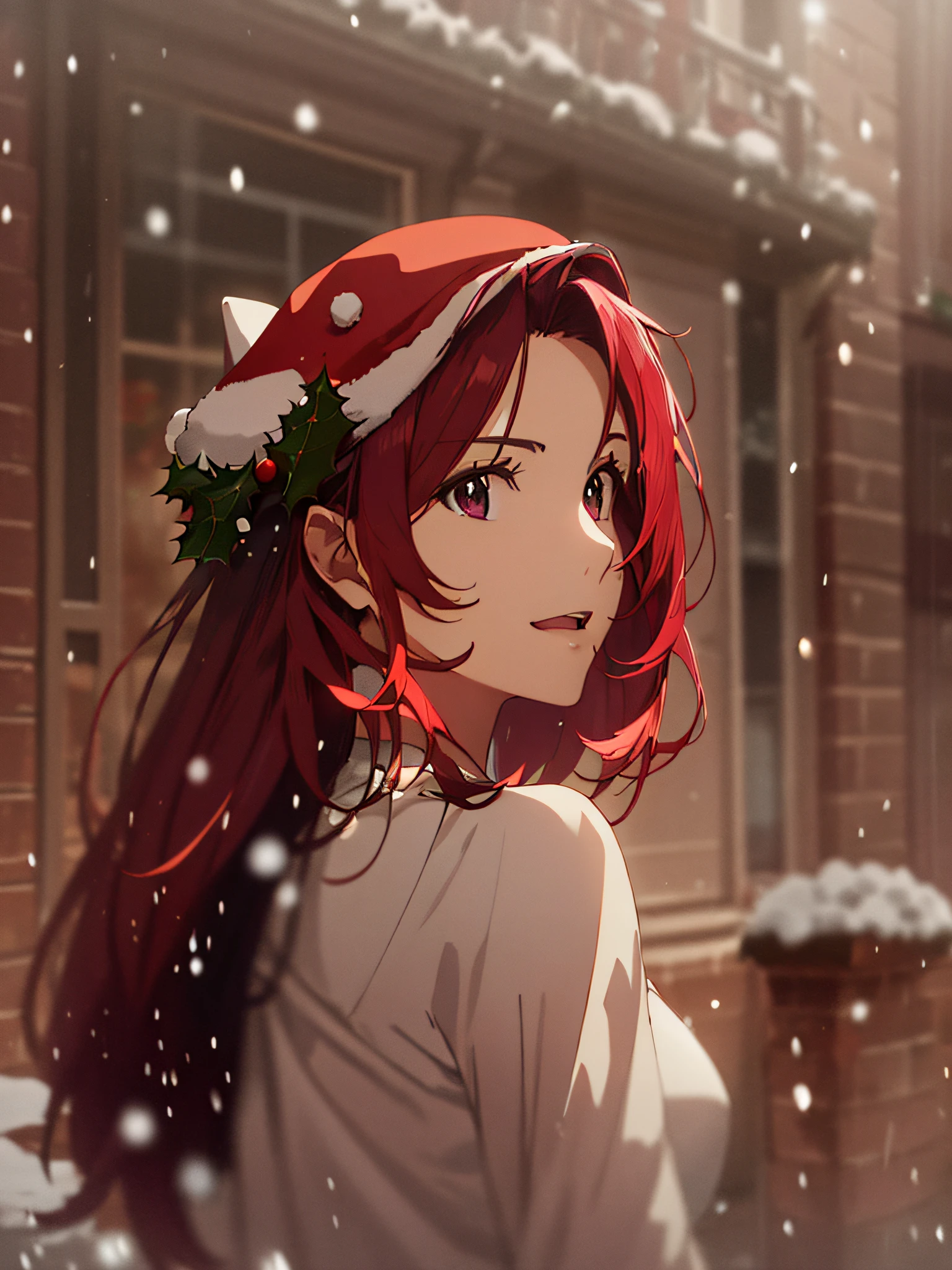 arafed woman with red hair and a white dress posing for a picture,((young)),(((red christmas hat))),Masterpiece, Best quality,Christmas, high resolution, Christmas,Snow, ((2d anime)),((Snow in the background))