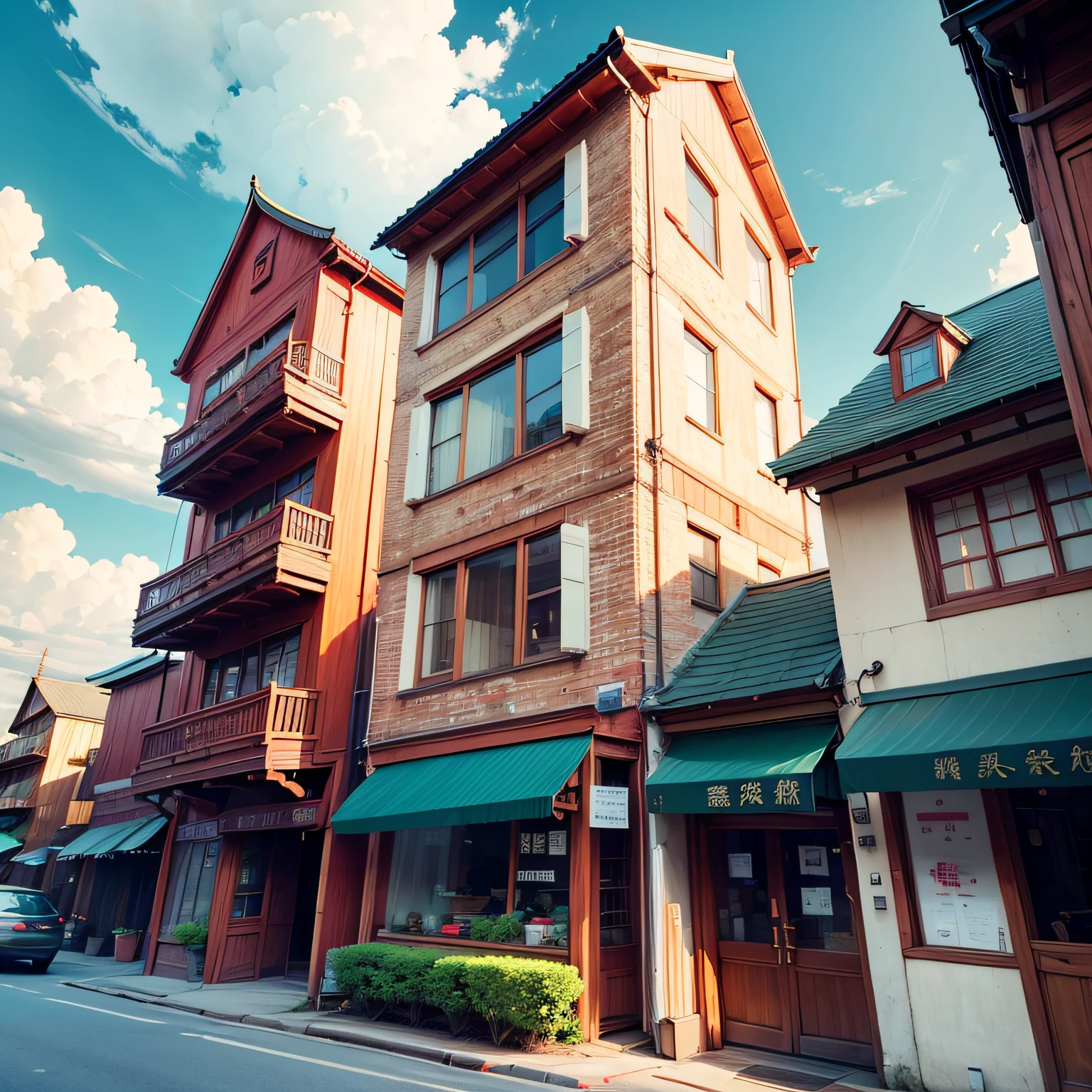 Quaint,Quaint,Chinese,Restaurants,The exterior of the entire building,wood,high rise,with blue sky and white clouds --auto