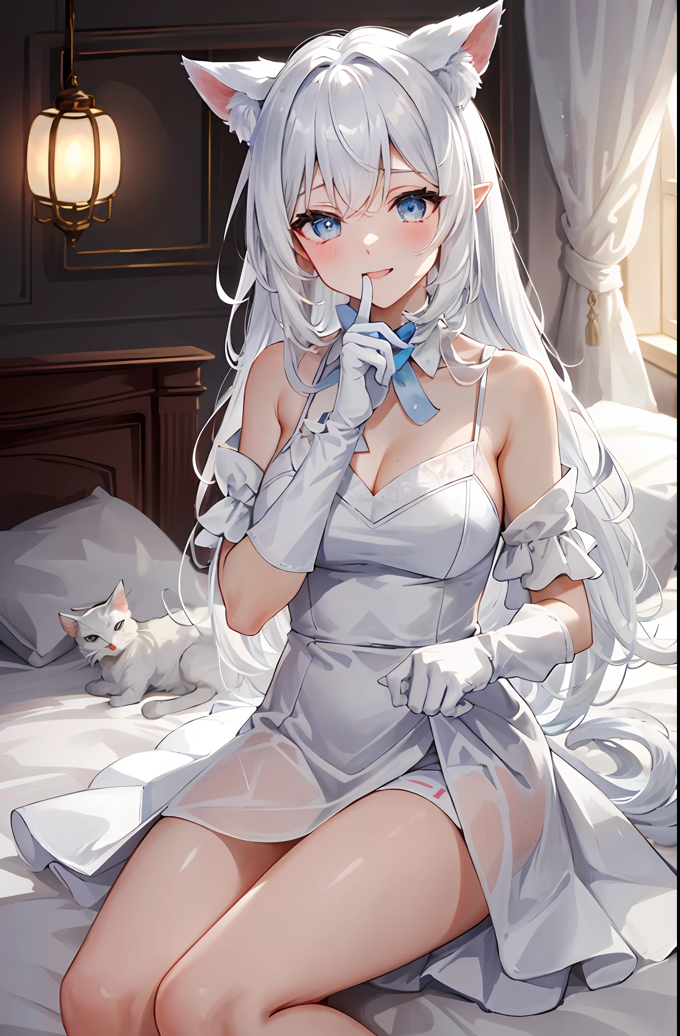 Lazy wind，wide blue eyes，White hair，Dull hair，Beast-eared maiden，White tones，sitted，1girll，Solo，adolable，white dresses，Big hazy eyes，Facial details are exquisite，Beth，onbed，Impeccable，Cute pose，Plush cat's paw gloves，Shy laugh，The complexion is reddish