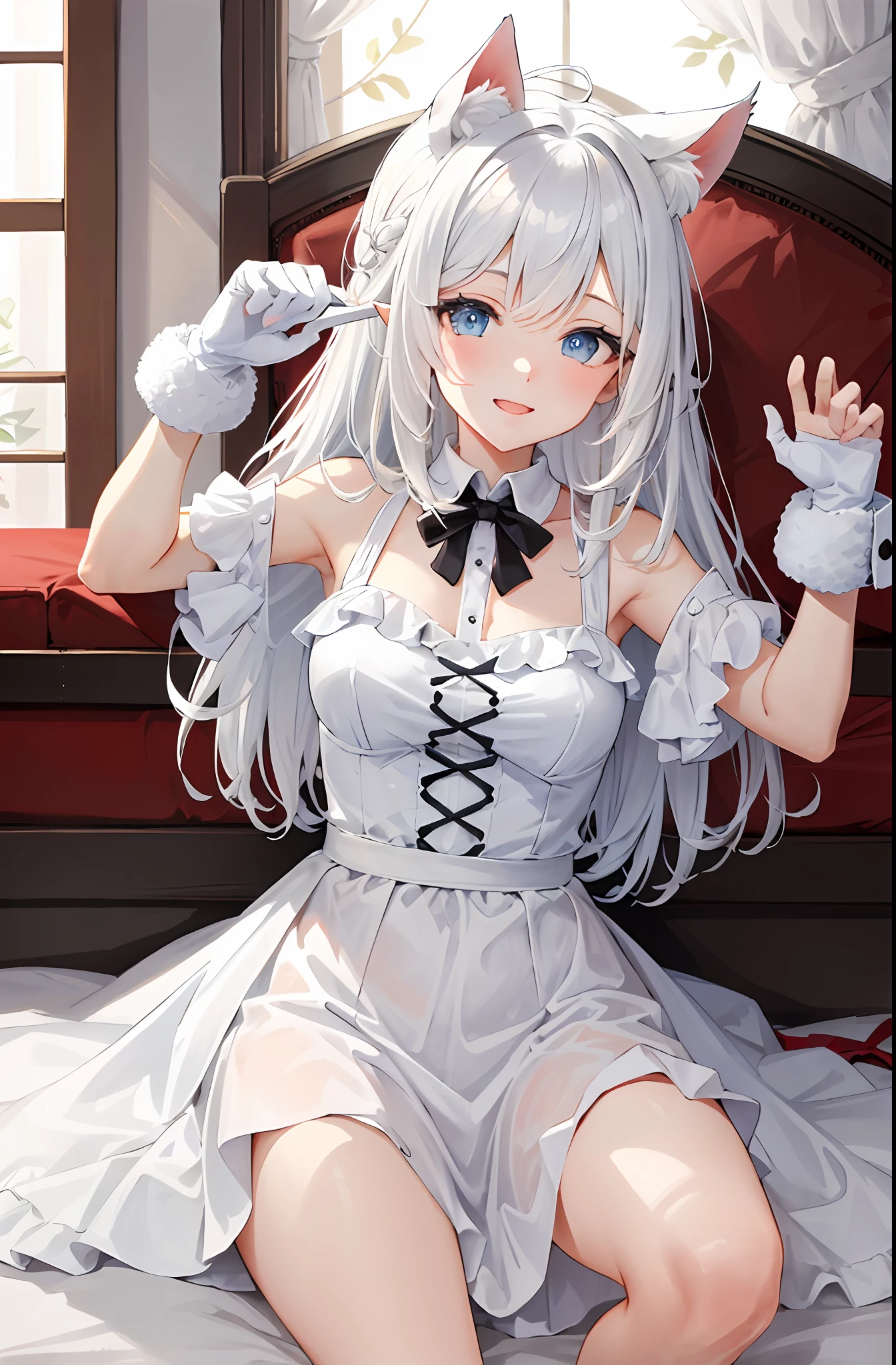 Lazy wind，wide blue eyes，White hair，Dull hair，Beast-eared maiden，White tones，sitted，1girll，Solo，adolable，white dresses，Big hazy eyes，Facial details are exquisite，Beth，onbed，Impeccable，Cute pose，Plush cat's paw gloves，Shy laugh，The complexion is reddish