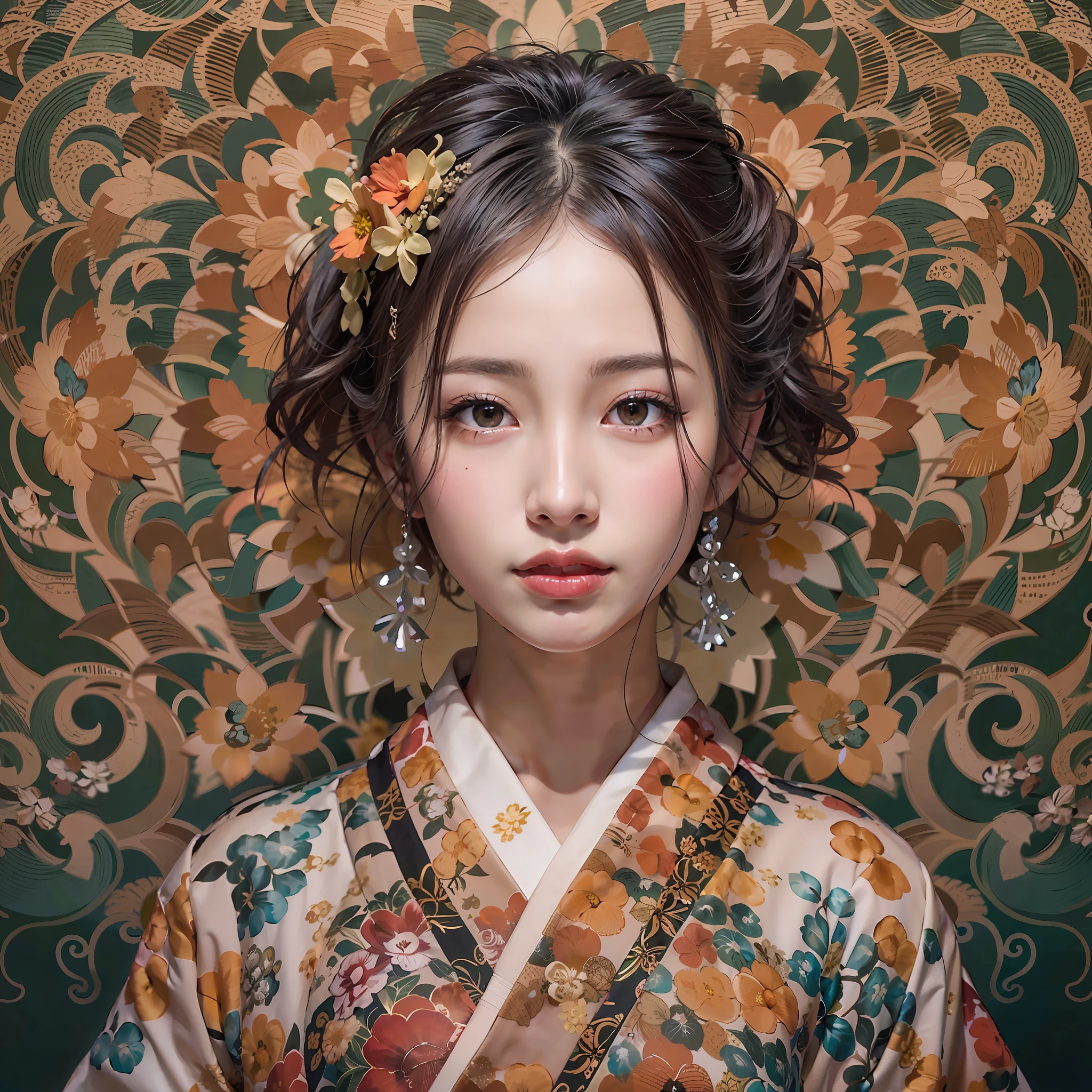 symmetrical, Compositions with coloful geometric arabesque patterns, (Bun hair, dark brown hari), (top-quality, Photorealsitic:1.4, masterpiece:1.3, RAW Photography:1.2, cinematric light, very detailed illustration), (1woman:1.3, solo), (asian girl, ultra delicate face, ultra Beautiful fece, ultra delicate eyes, ultra detailed nouse, ultra detailed mouth, ultra detailed facial features), petite woman, (midium breast:1.3), from the front side, skiny, lipgloss, a smile, japanese kimono