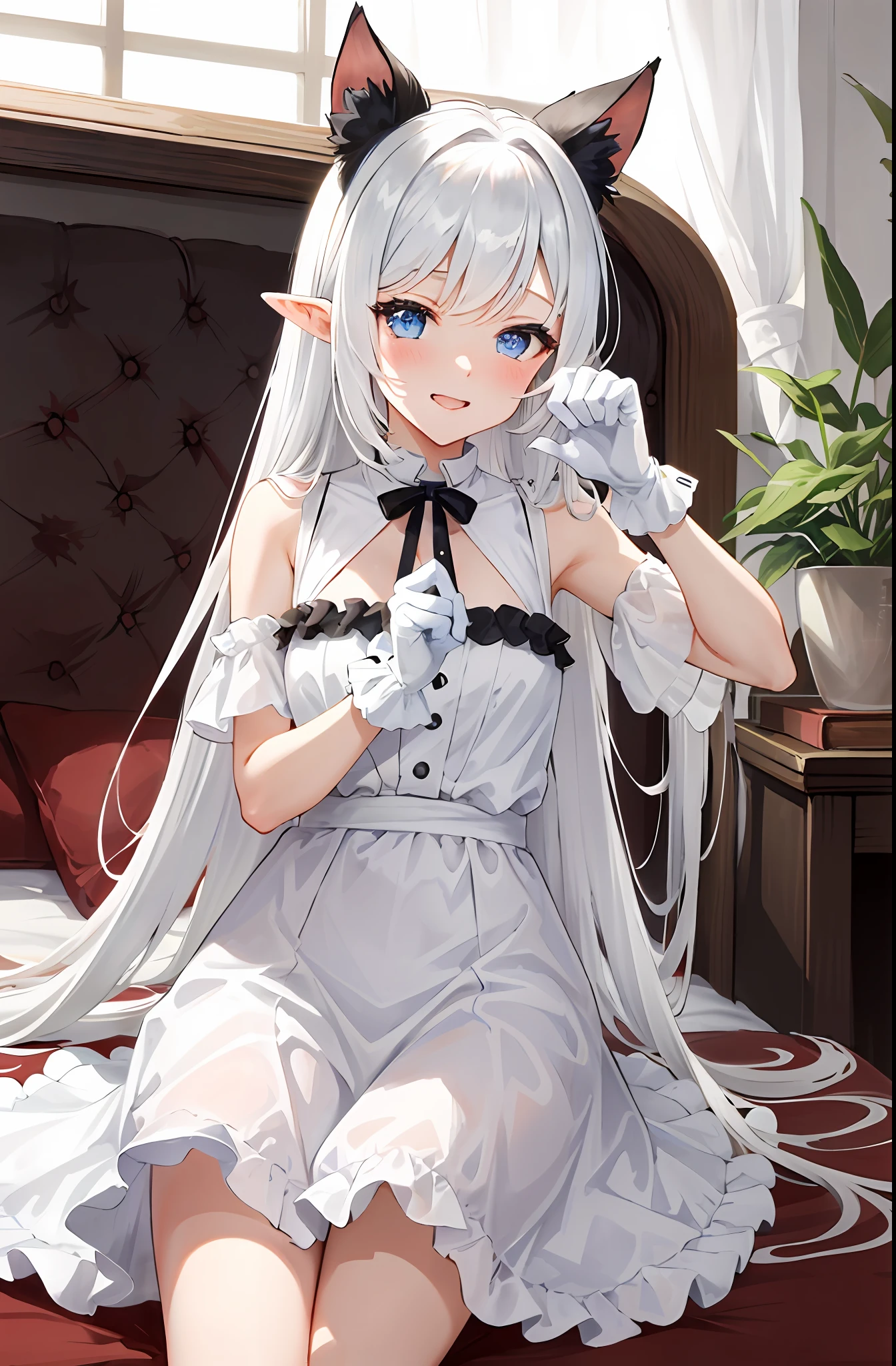 Lazy wind,wide blue eyes,White hair,Dull hair,Beast-eared maiden,White tones,sitted,1girll,Solo,adolable,white dresses,Big hazy eyes,Facial details are exquisite,Beth,onbed,Impeccable,Cute pose,Plush cat's paw gloves,Shy laugh,The complexion is reddish