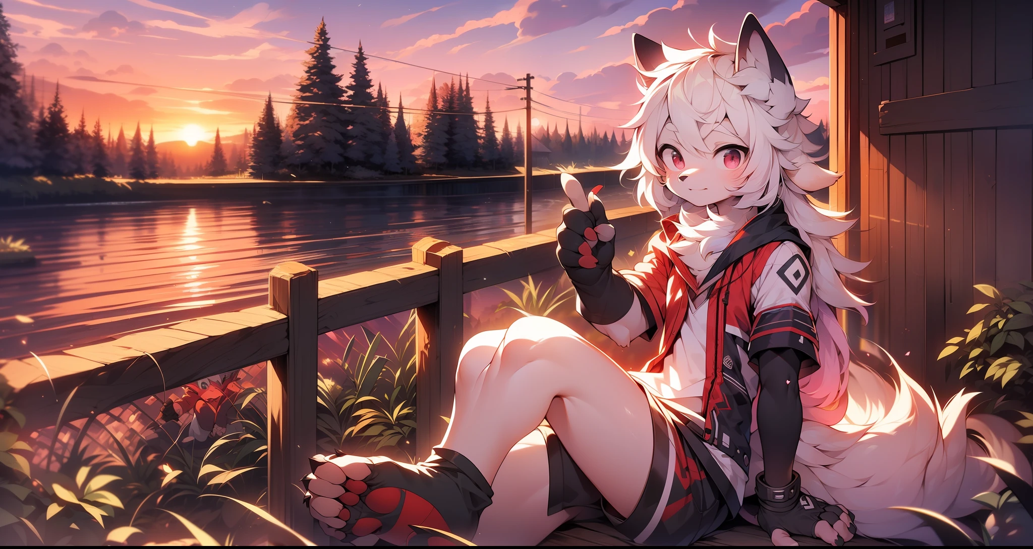 furry wolf，Sit on the groundd，((Shota)), Red and white hair, Very good figure, adolable, Light：Extreme light and shadow, Reflective skin,Reddish skin， ((Wear black pedal socks)), ((Wear black fingerless gloves))"，((Under the pink sunset))，((light particules))，Outdoor sunset，Trendfront