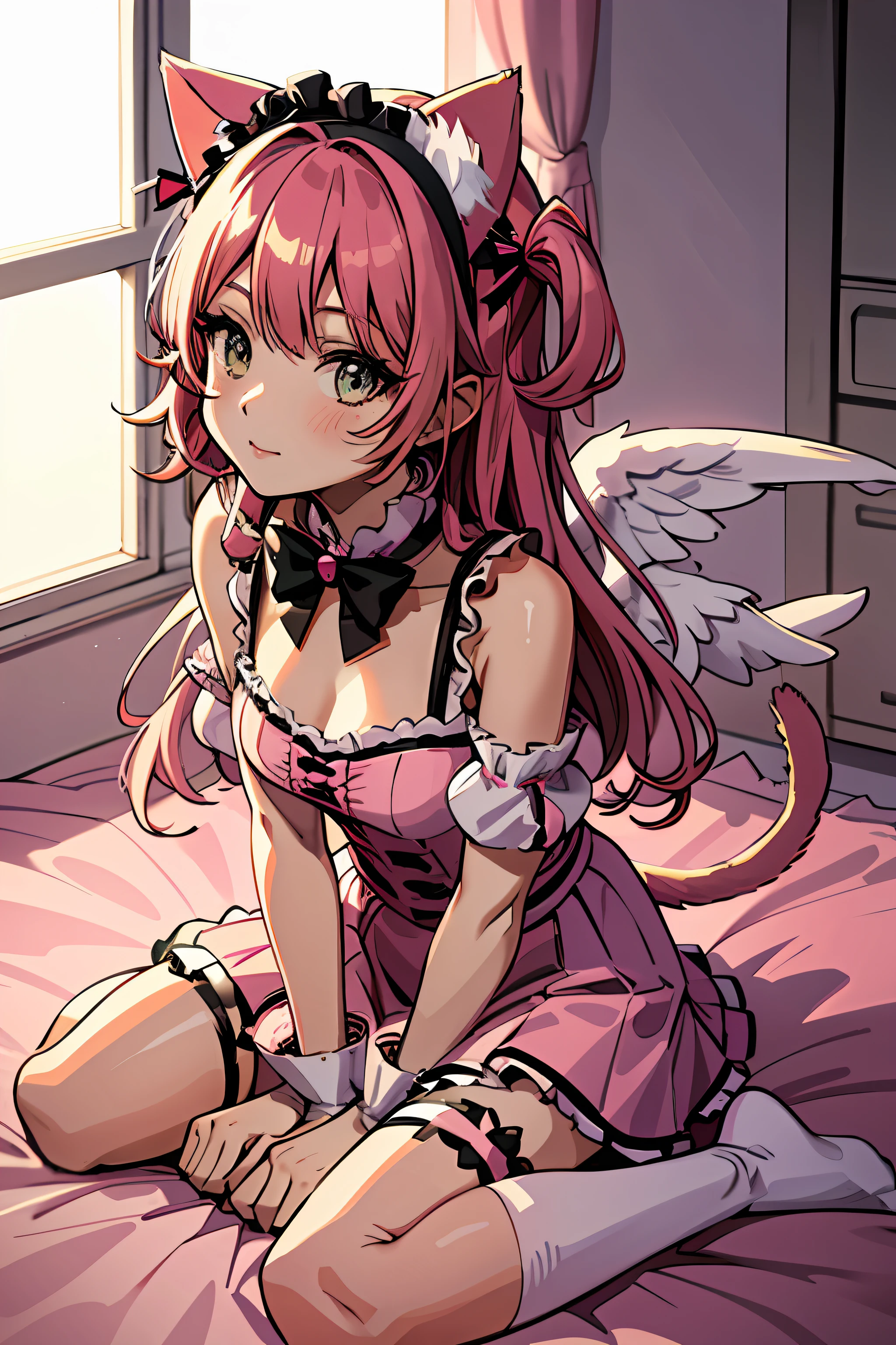 1loli，Cat ears，a cat tail，maidennurse，A pink-haired，Love wings hairband，Black bow