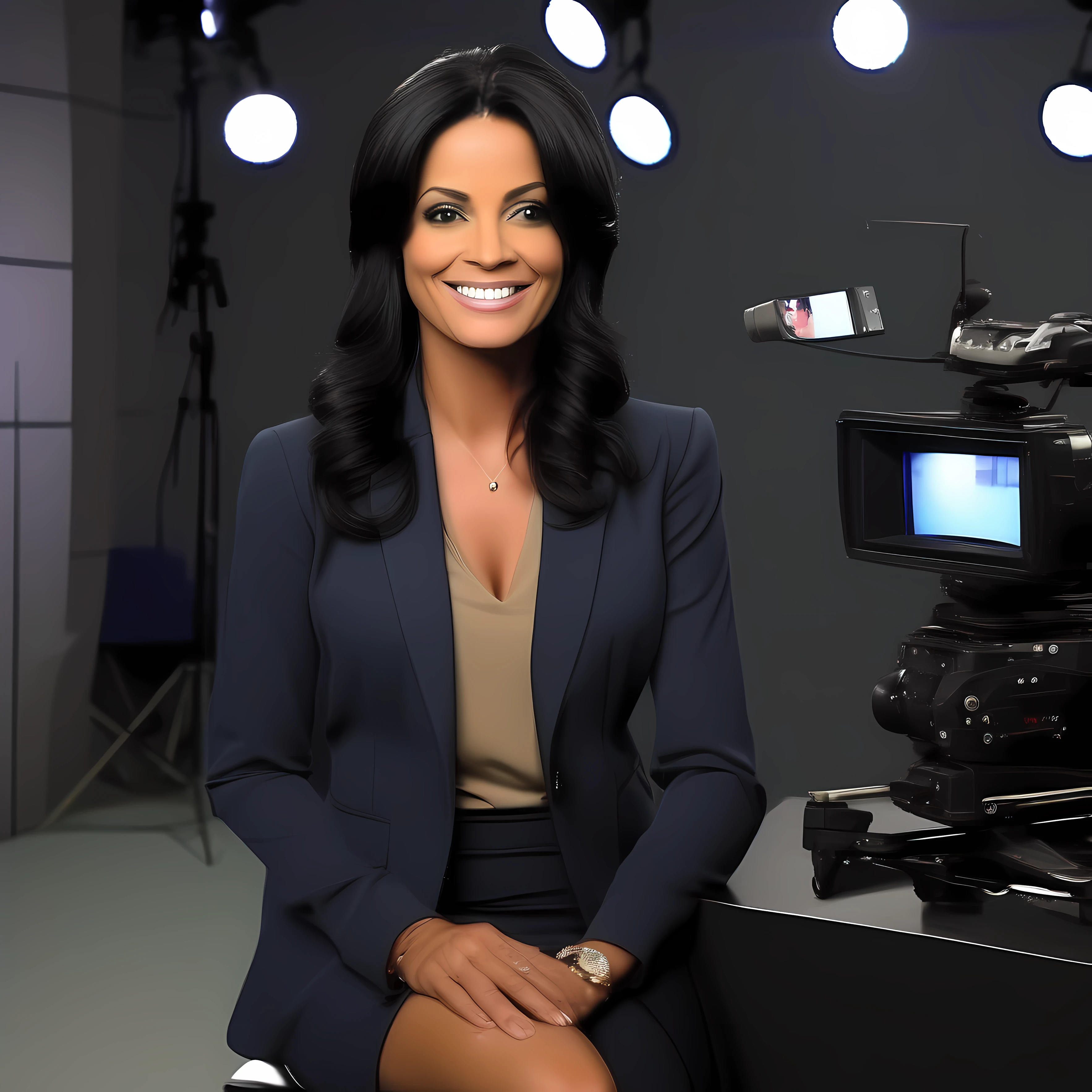 abalho real), melhor qualidade,(1 homem  ) Well dressed black hair with being a television presenter, A bit away from the camera lens Filming She's in a television studio and then doing a montage to put a video on the right side of her that she's presenting. --auto