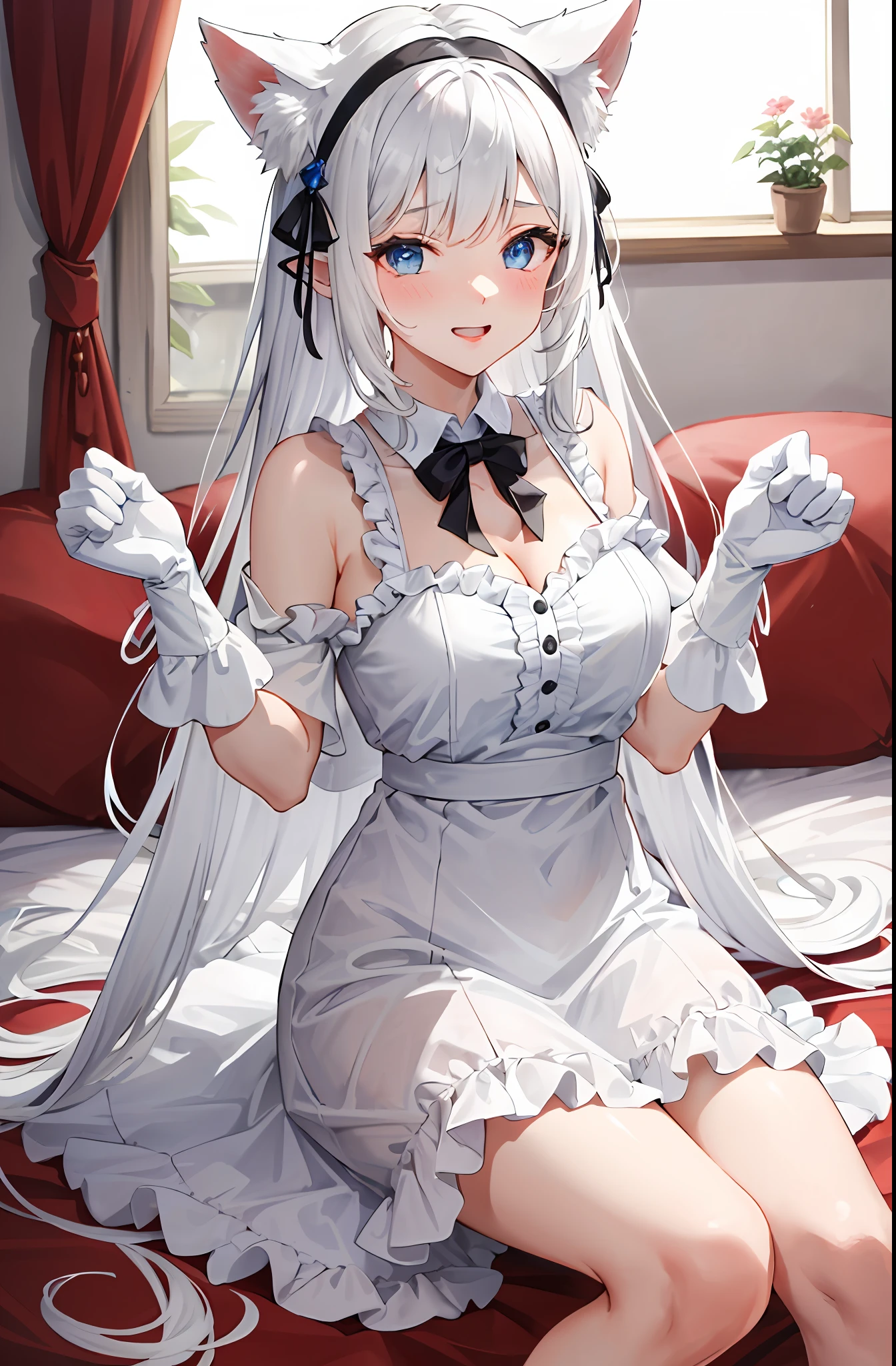 Lazy wind，wide blue eyes，White hair，Dull hair，Beast-eared maiden，White tones，sitted，1girll，Solo，adolable，white dresses，Big hazy eyes，Facial details are exquisite，Beth，onbed，Impeccable，Cute pose，Plush cat's paw gloves，Shy laugh，The complexion is reddish