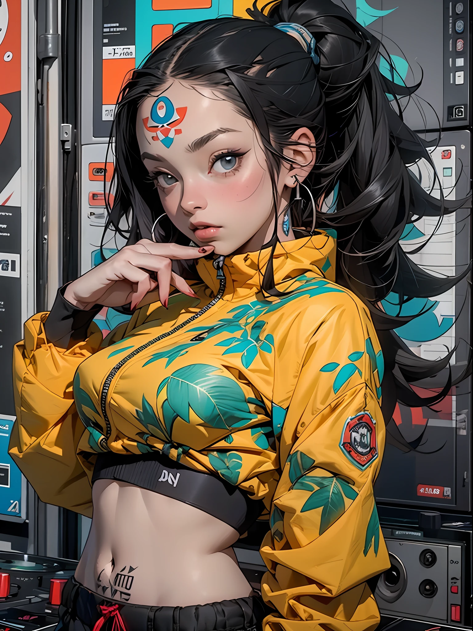 Azul: 1.5, laranja: 1.1, Branco: 1.3, amarelo: 1.3, (garota DJ com cabelo pavor), tatuagens, (roupas puffer do poder: 1.2), fundo hi-tech