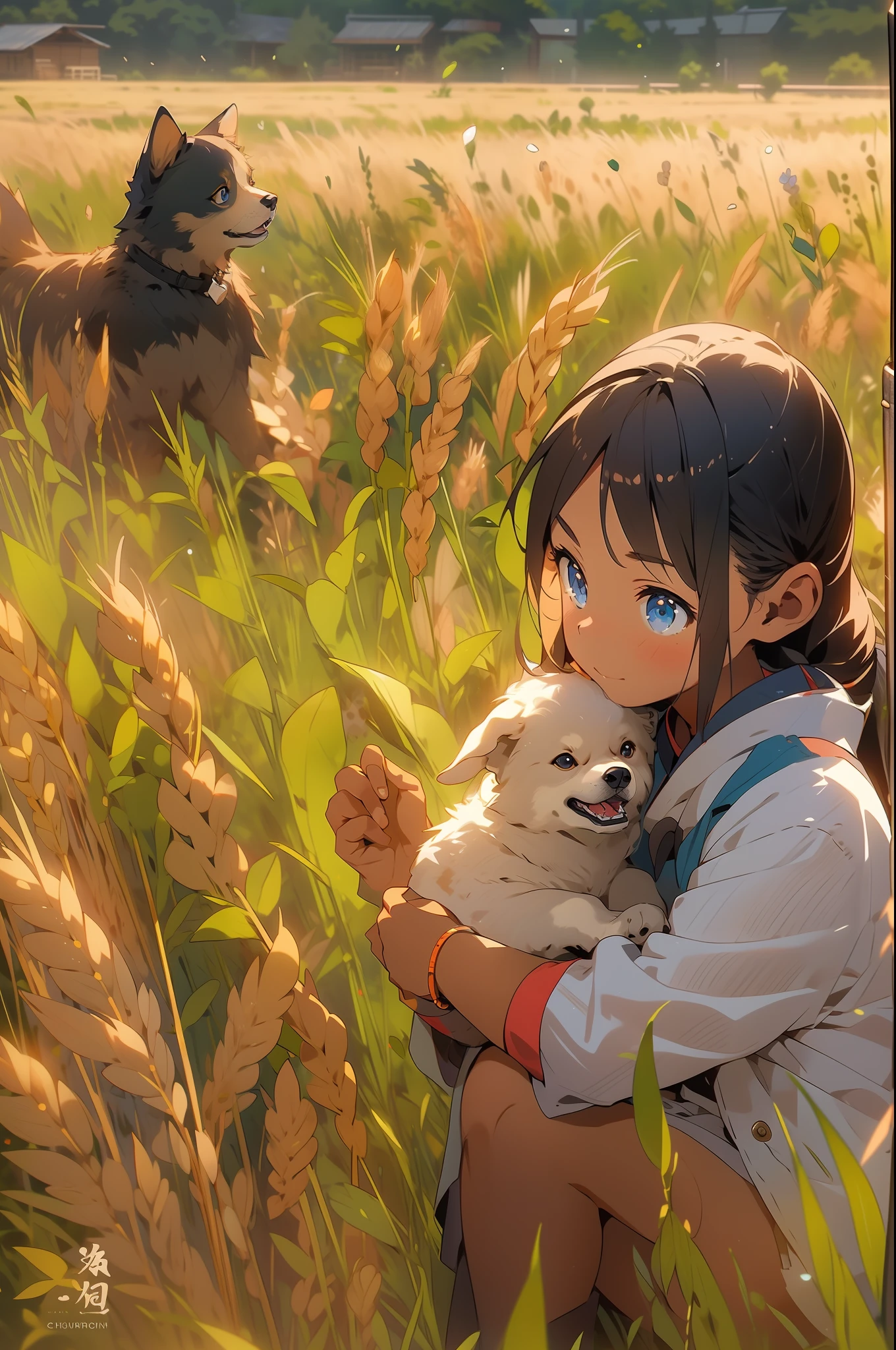 1girll，Rural fields，the setting sun，Crepuscular Rays，Shiba dog，blue color eyes，ricefield，volumettic light，Perspective composition，Wheat，Lively and cute girl，8K,Cinematic lighting effects，Textured skin，best qualtiy，Storytelling images，Ambient lighting，dynamic blur，actionpose，tmasterpiece，A masterpice，