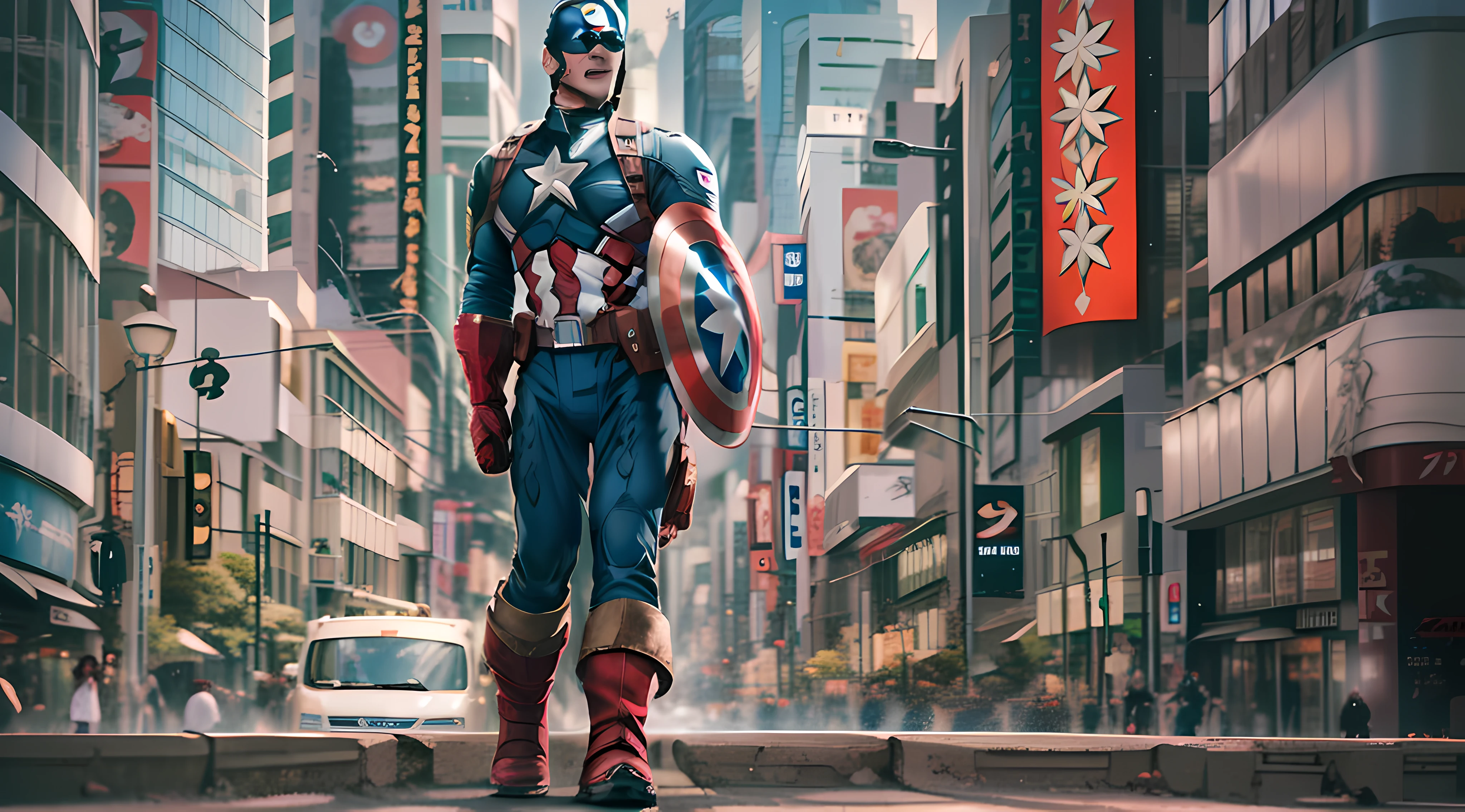 Character: Captain America - Steve Rogers Universe: Marvel Location: Ginza's Grand Boulevard, Tokyo, Japan Scene: Captain America walking Description: Bustling and vibrant Ginza district Camera: Full-body shot Focus: Front-facing portrait Lighting: Intense sunlight Theme: Futuristic and modern Quality: High-detail, captured in 8K resolution
In this midjourney moment, we find the iconic Marvel character, Captain America - Steve Rogers, confidently striding along the bustling streets of Tokyo's Ginza. The camera captures him in a high-detail, full-body shot, presenting a front-facing heroic profile. The vibrant and lively atmosphere of Ginza, bathed in intense sunlight, adds to the futuristic and modern ambiance.
As the intense sunlight accentuates Captain America's resolute features, he embodies the spirit of the future, standing tall amidst the dynamic cityscape. This 8K scene captures every intricate detail of his legendary costume, ensuring that every nuance of his presence is visible.
In this extraordinary moment, the blend of modernity and heroism is on display, creating an awe-inspiring scene of Captain America's midjourney through the heart of Tokyo's Ginza. The high-quality, high-detail imagery elevates the experience, immersing fans and viewers in the hero's world like never before.