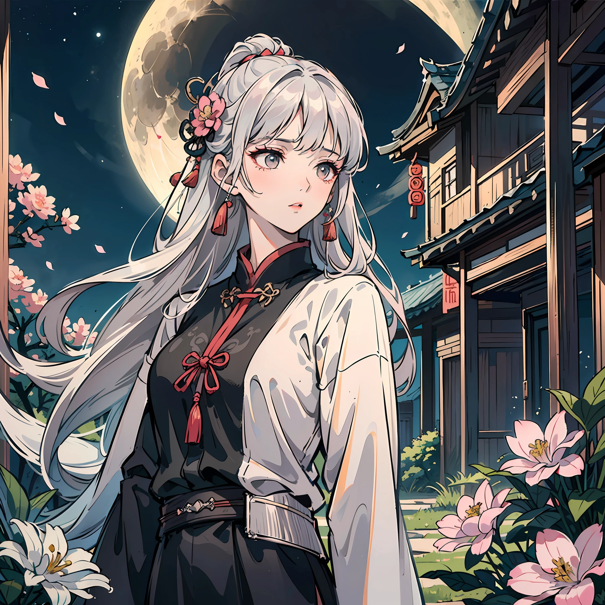 Masterpiece, Best, Night, Full Moon, 1 Female, Mature Woman, Chinese Style, Ancient China, Elder Sister, Royal Sister, Cold Face, Expressionless, Silver White Long Haired Woman, Pale Pink Lips, Calm, Intellectual, Three Belts, Gray Hitomi, assassin, dagger, flower ball background, street view --auto