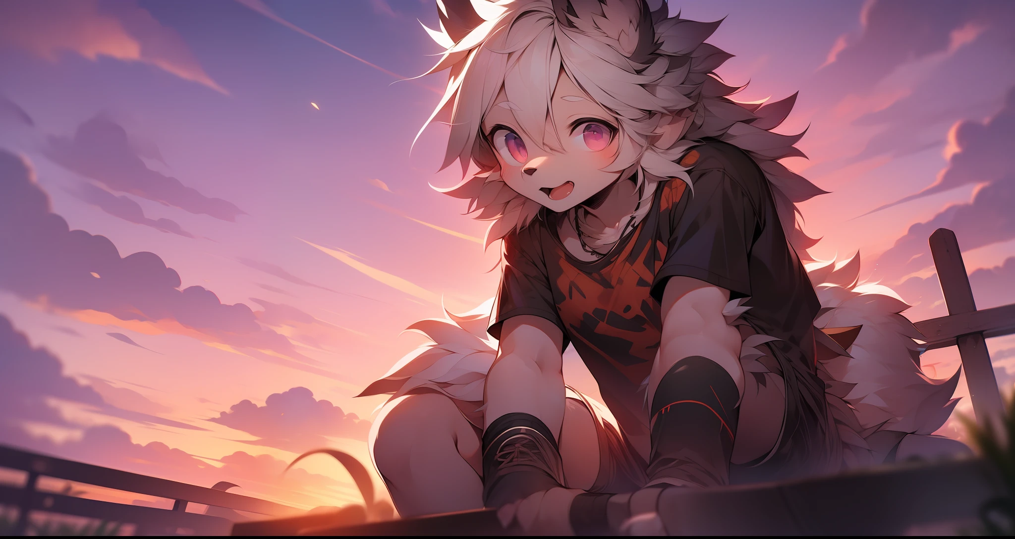 furry wolf,Sit on the groundd,((Shota)), Red and white hair, Very good figure, Handsome,adolable, Light:Extreme light and shadow, Reflective skin,Reddish skin,((Black short-sleeved T-shirt)) ((Wear black pedal socks)), ((Wear black fingerless gloves))((Black shorts))",((Under the pink sunset)),Outdoor sunset,Purple clouds,((the detail))