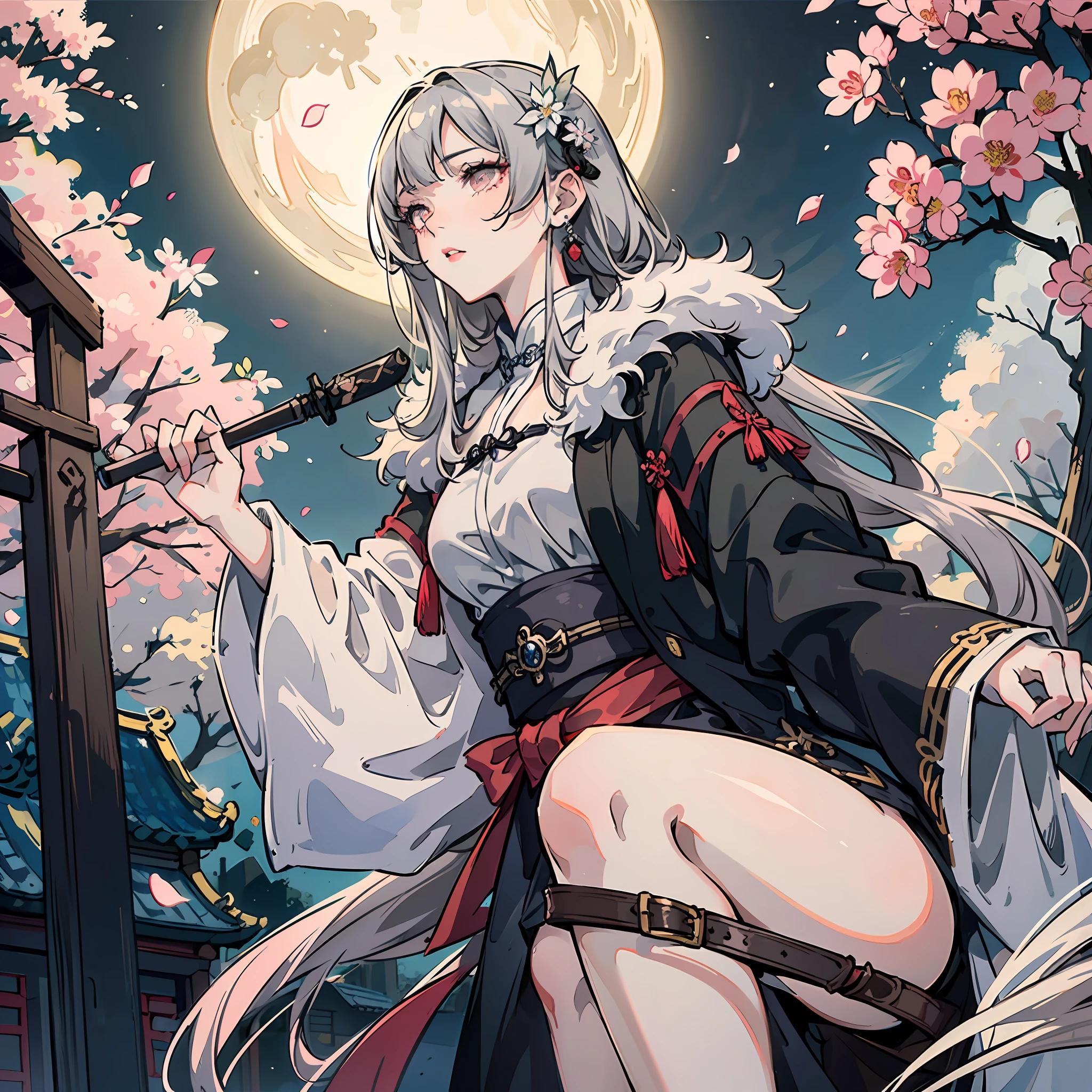 Masterpiece, Best, Night, Full Moon, 1 Female, Mature Woman, Chinese Style, Ancient China, Elder Sister, Royal Sister, Cold Face, Expressionless, Silver White Long Haired Woman, Pale Pink Lips, Calm, Intellectual, Three Belts, Gray Hitomi, assassin, dagger, flower ball background, street view --auto