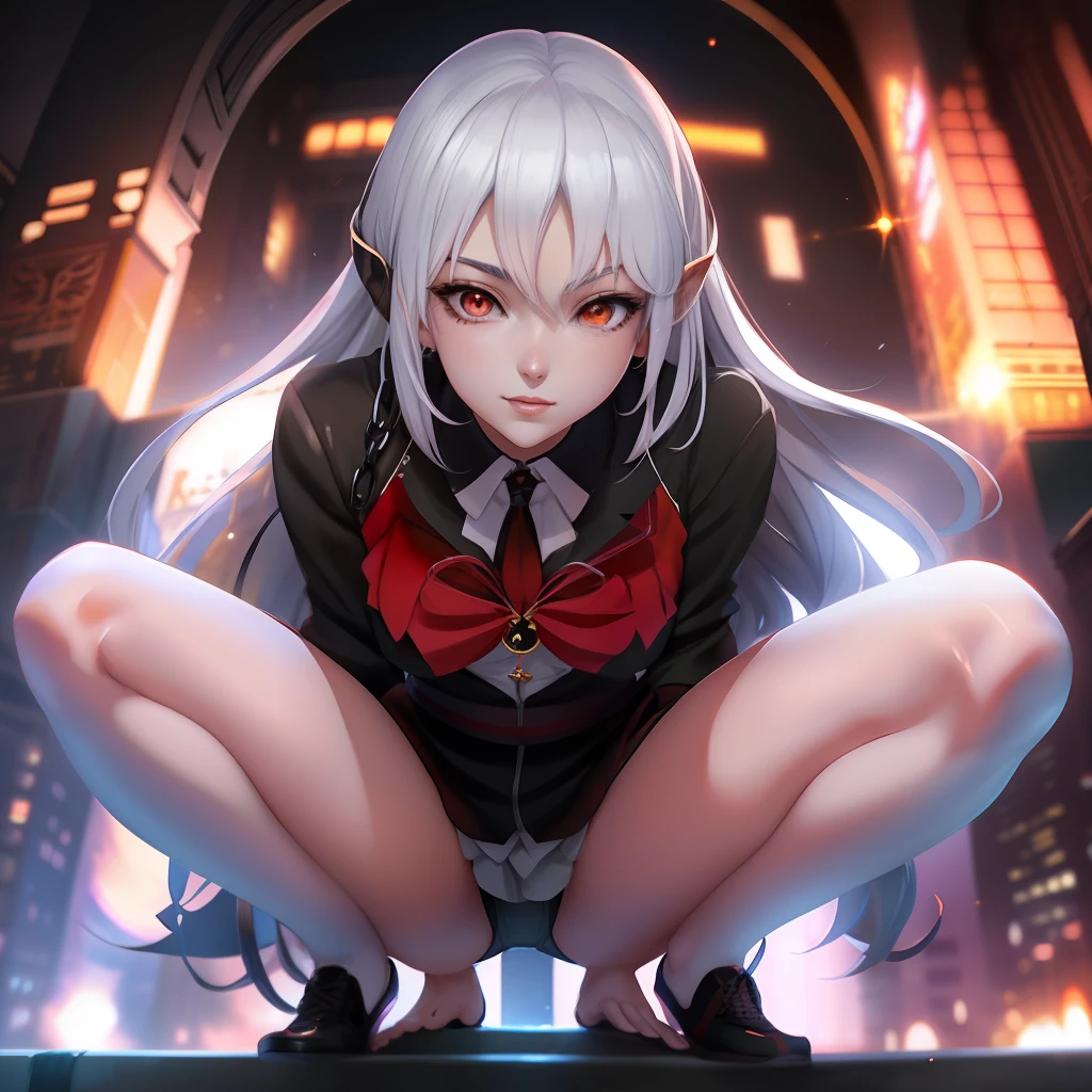 Anime girl with white hair and black shirt kneeling on a ledge, the anime girl is crouching, menina bonita do anime agachamento, menina anime sedutora, Menina elfa, Artgerm extremamente detalhado, 2. 5 d cgi anime fantasia arte, divindade de cabelos brancos, cushart krenz arte chave feminina, fanart melhor artstation, arte de anime digital detalhada, menina anime demon