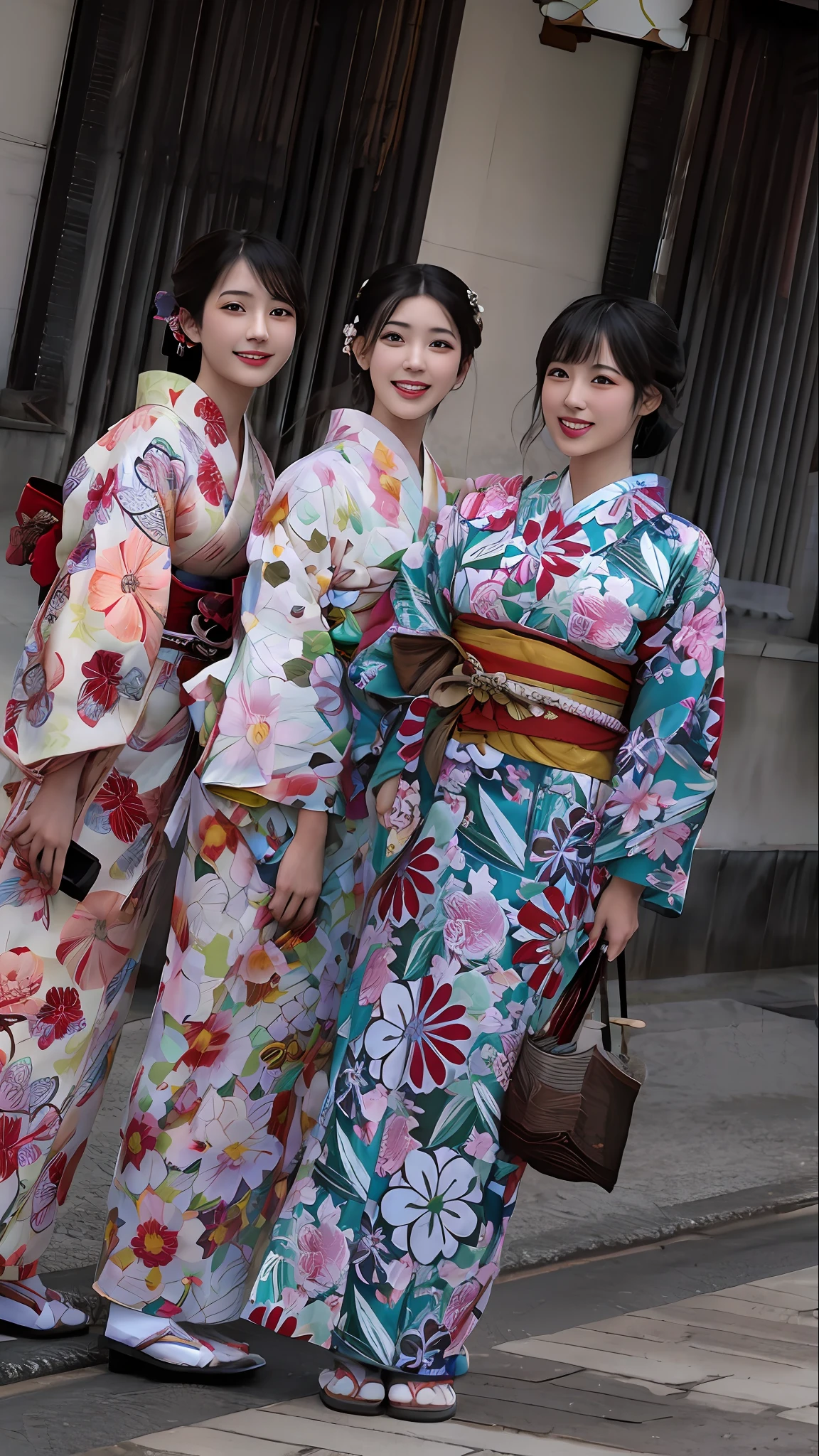 Three women in kimonos standing on the sidewalk in front of the building, Wearing a colorful yukata, Wearing a kimono, Wearing kimono, wearing royal kimono, bath robe, A Japanese style, classy yukata clothing, japanese kimono, in a kimono, wearing kimono armour, in a kimono, traditional geisha clothing, Wearing kimono armor, wearing a haori
