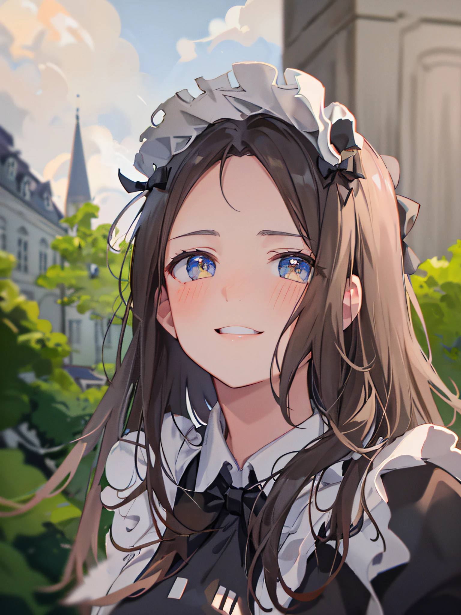 arafed woman with long hair and a black shirt looking at the camera,,(Masterpiece), (best detail), (Best quality),castle, manor((2d anime)),(((Maid outfit))),(((Flat coating))) headdress, Headband, frill skirt, maid apronl, Black shirt ,Neckline with bow, (((bow-knot))), (Maid uniform: 1.1), Blush, Young and good-looking,happy