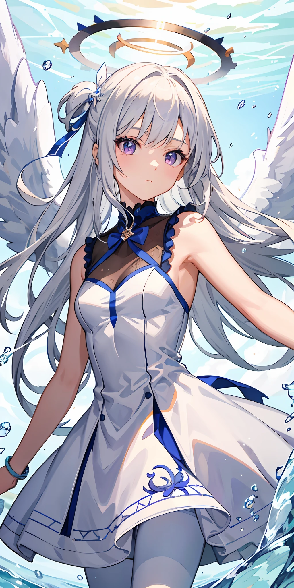 The girl was expressionless, Angel, Animated, The upper part of the body_Body, Very long hair, Hair intake, White hair floating messily, Beautiful face, extremely detailed cute anime face, Purple eyes, bow ribbon, Halo, angel wing, white_Dress, flowingwater, Detailed ice, Surreal, Facing the front,