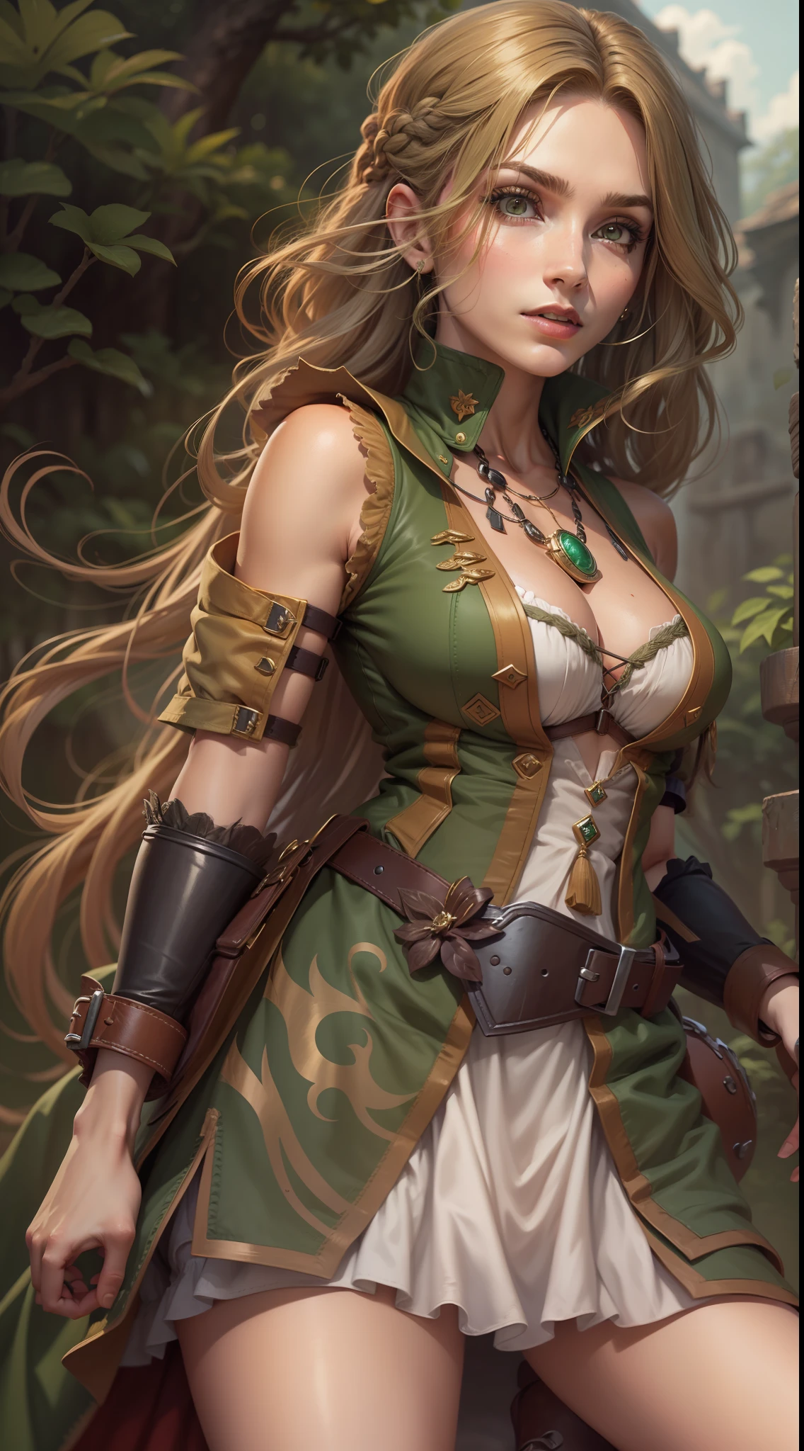 mulher loira, 25 anos, pele clara, cabelo dourado, (((cabelo loiro))), roupa verde, boina verde, cabelo longo, hair with long braid, menina bonita, 4k, qualidade alta, sun illumination, castlevania, de shortinho curto, shortinho verde, botas brancas, botas compridas,