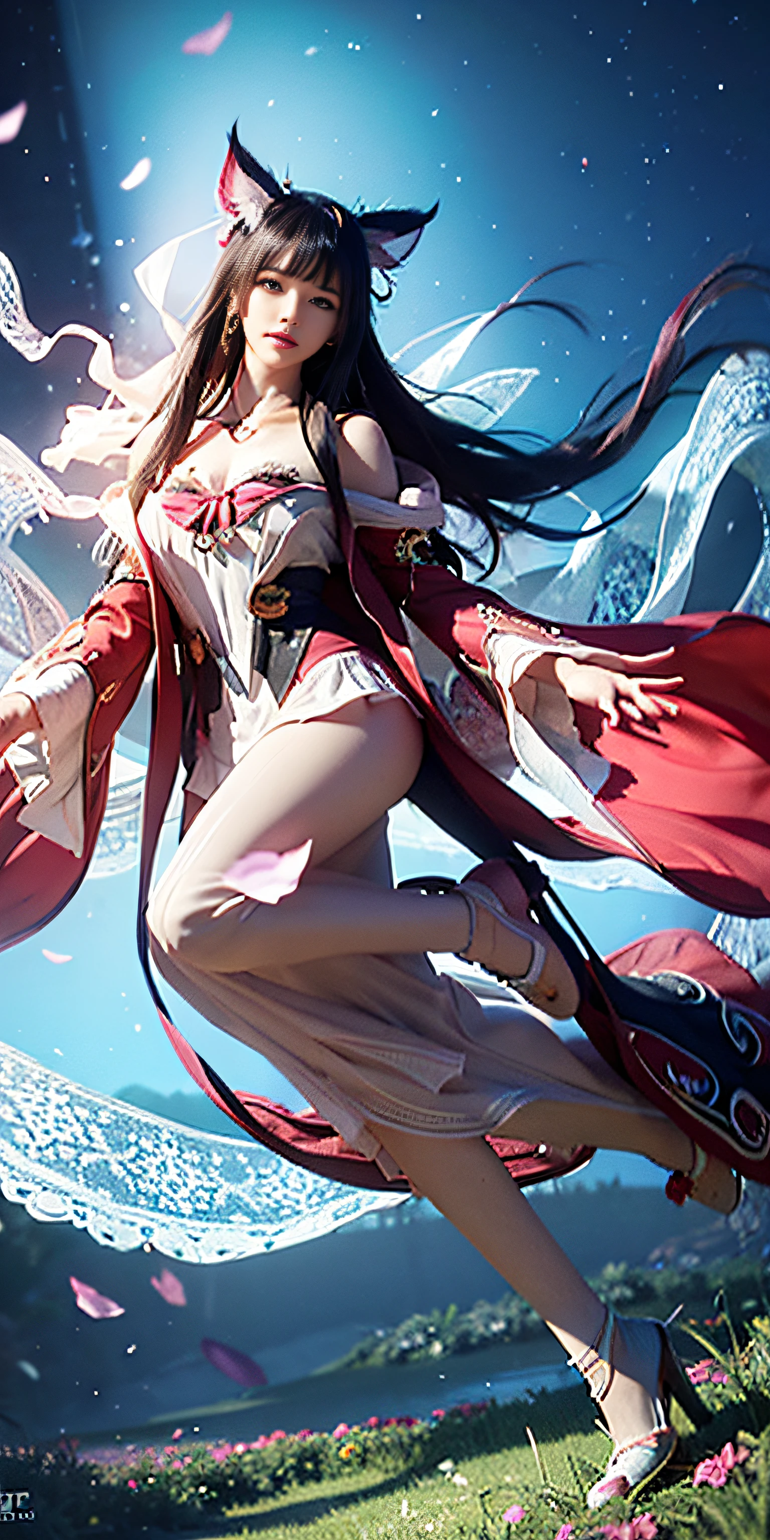 Ahri, 1girl in, (Full body) Solo, flower field, florals, (White smoke:1.3) (Photorealistic:1.4), Zentangle, mandalas, Entangle, Official art, Unity 8k壁纸, ultra-detailliert, Beautiful and aesthetic, masutepiece,Best Quality, (Dynamic Angle:1.4), Glowing skin, (floating colorful sparkles:1) Most Beautiful Form of Chaos, Elegant, a brutalist designed, vivd colour, Romanticism Depth of Field,