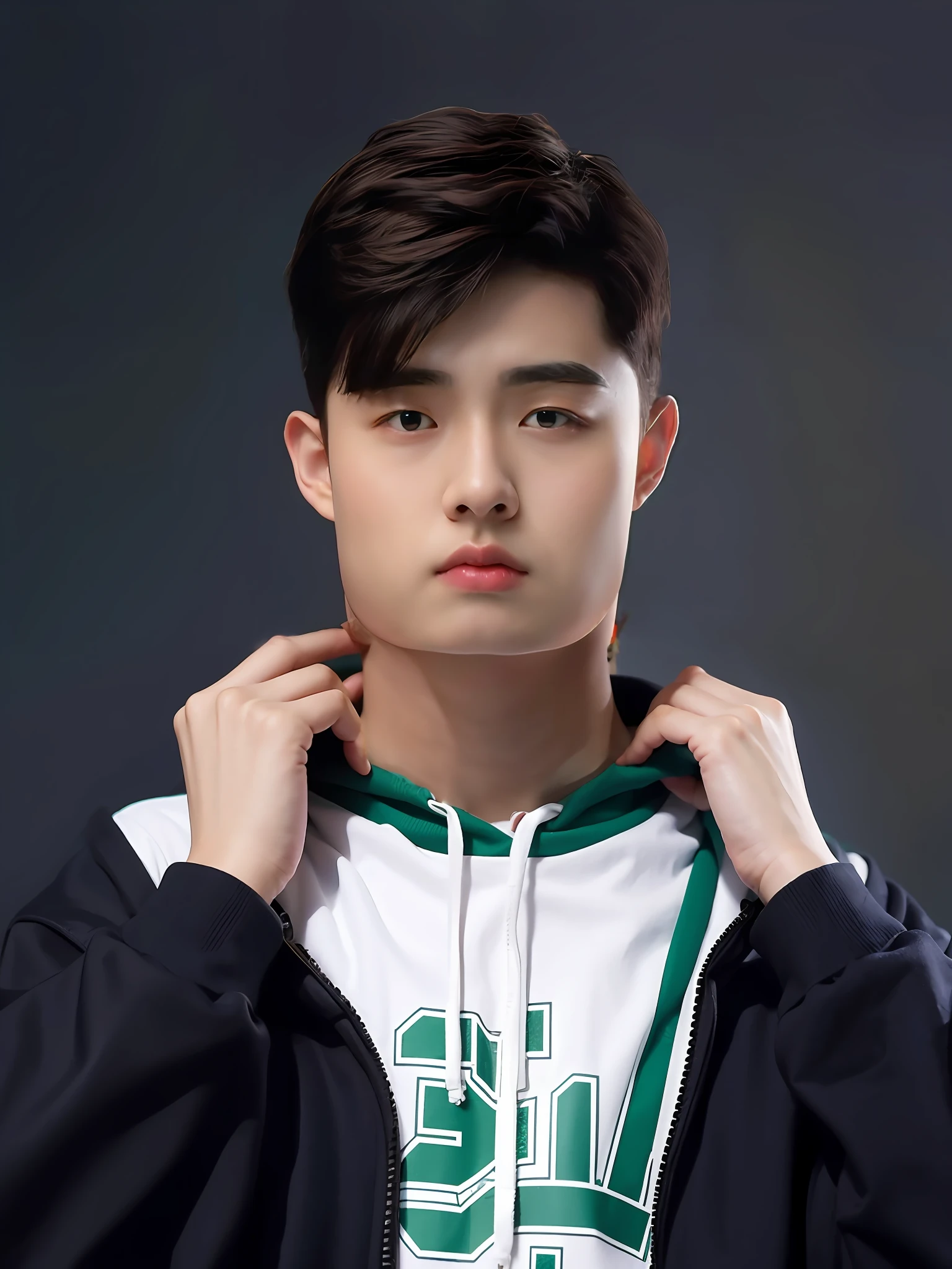 A Chinese male high school student,Wearing a green sweatshirt of PVC