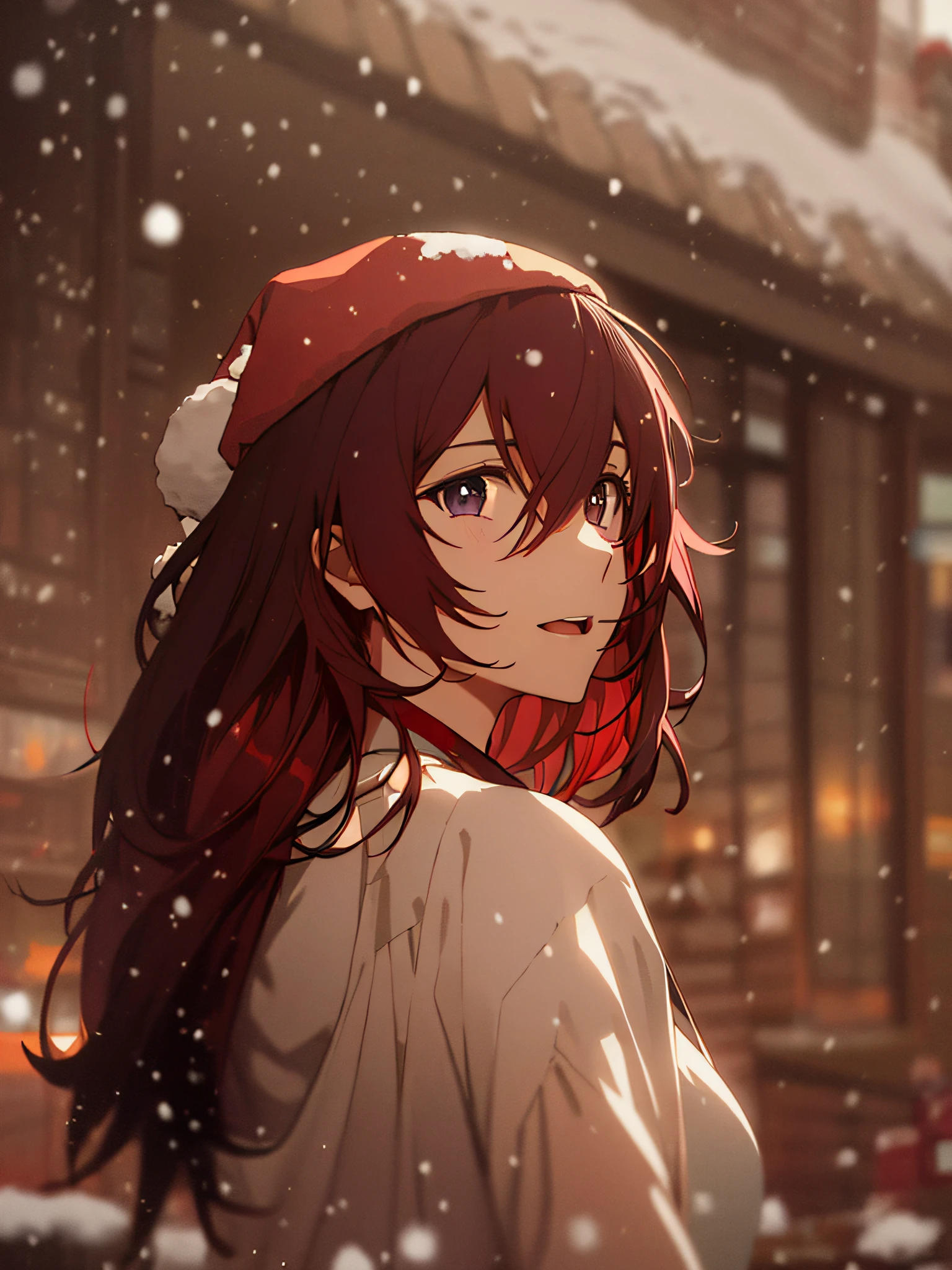 arafed woman with red hair and a white dress posing for a picture,((young)),(((red christmas hat))),Masterpiece, Best quality,Christmas, high resolution, Christmas,Snow, ((2d anime)),((Snow in the background))