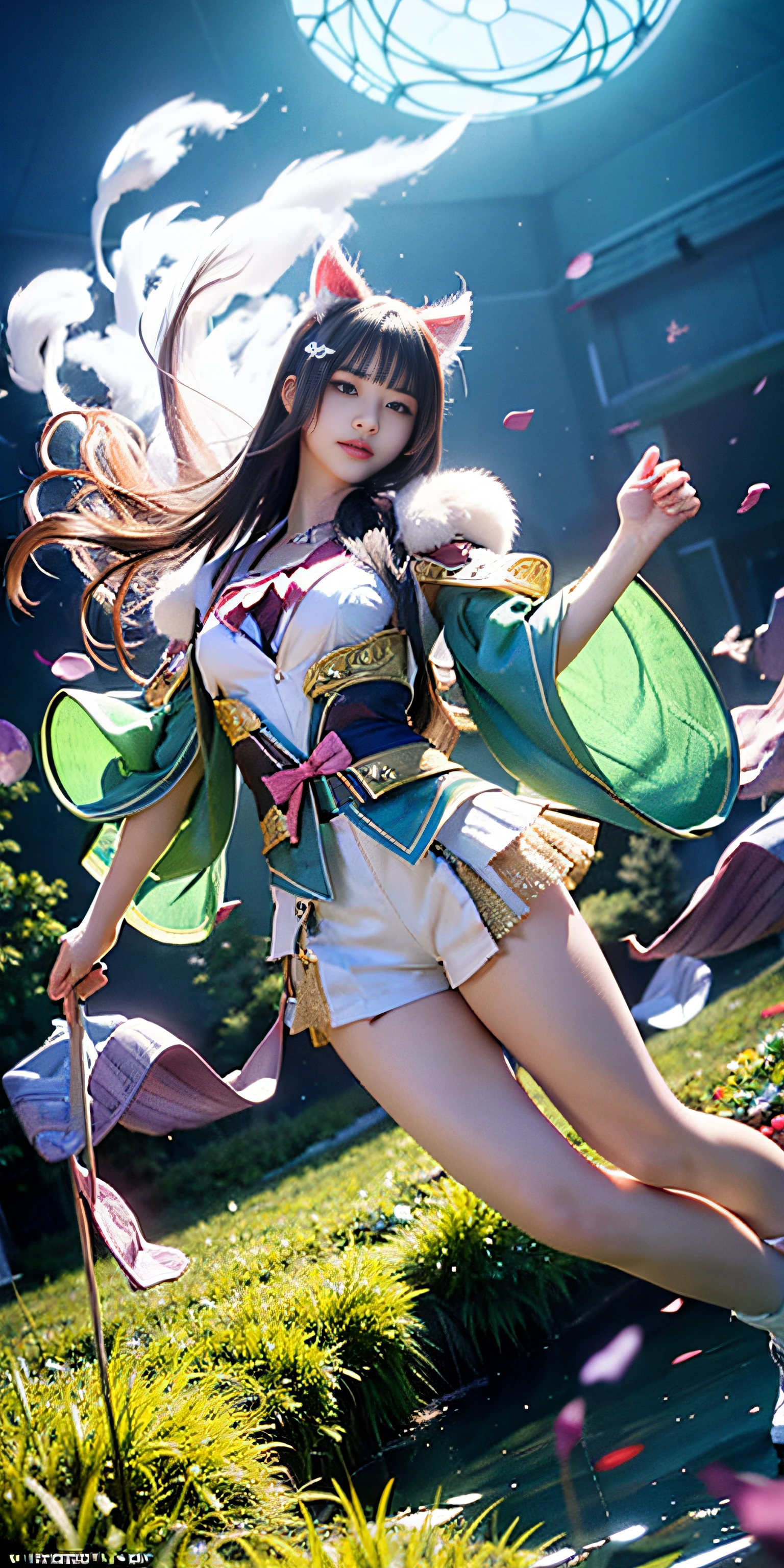 Ahri, 1girl in, (Full body) Solo, flower field, florals, (White smoke:1.3) (Photorealistic:1.4), Zentangle, mandalas, Entangle, Official art, Unity 8k壁纸, ultra-detailliert, Beautiful and aesthetic, masutepiece,Best Quality, (Dynamic Angle:1.4), Glowing skin, (floating colorful sparkles:1) Most Beautiful Form of Chaos, Elegant, a brutalist designed, vivd colour, Romanticism Depth of Field,