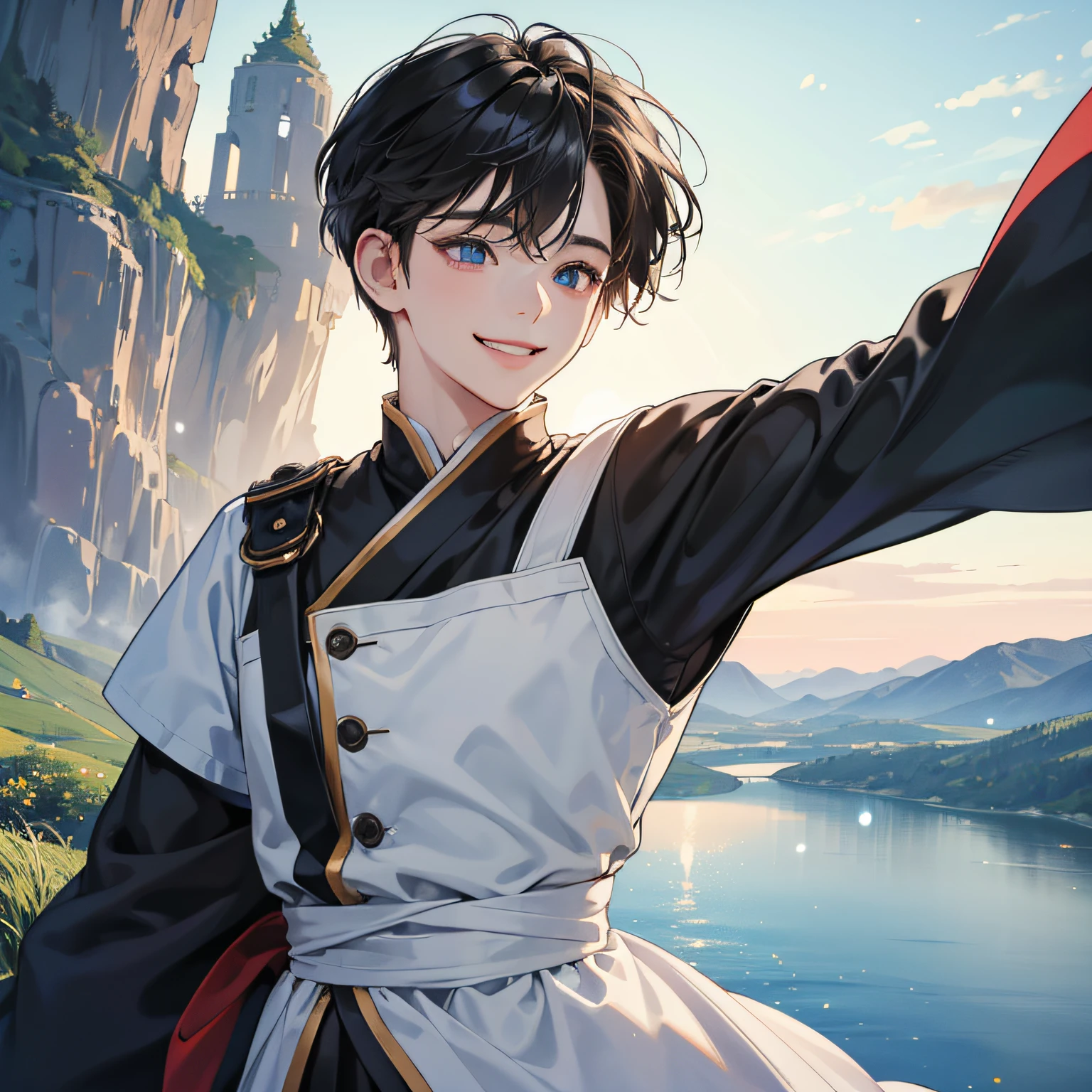 (in 8K、top-quality、masterpiece:1.2)、1人の女性、(Smiling smile:1.1)、beautidful eyes、Valley、The upper part of the body、shorth hair、Like a boy 、Black --auto