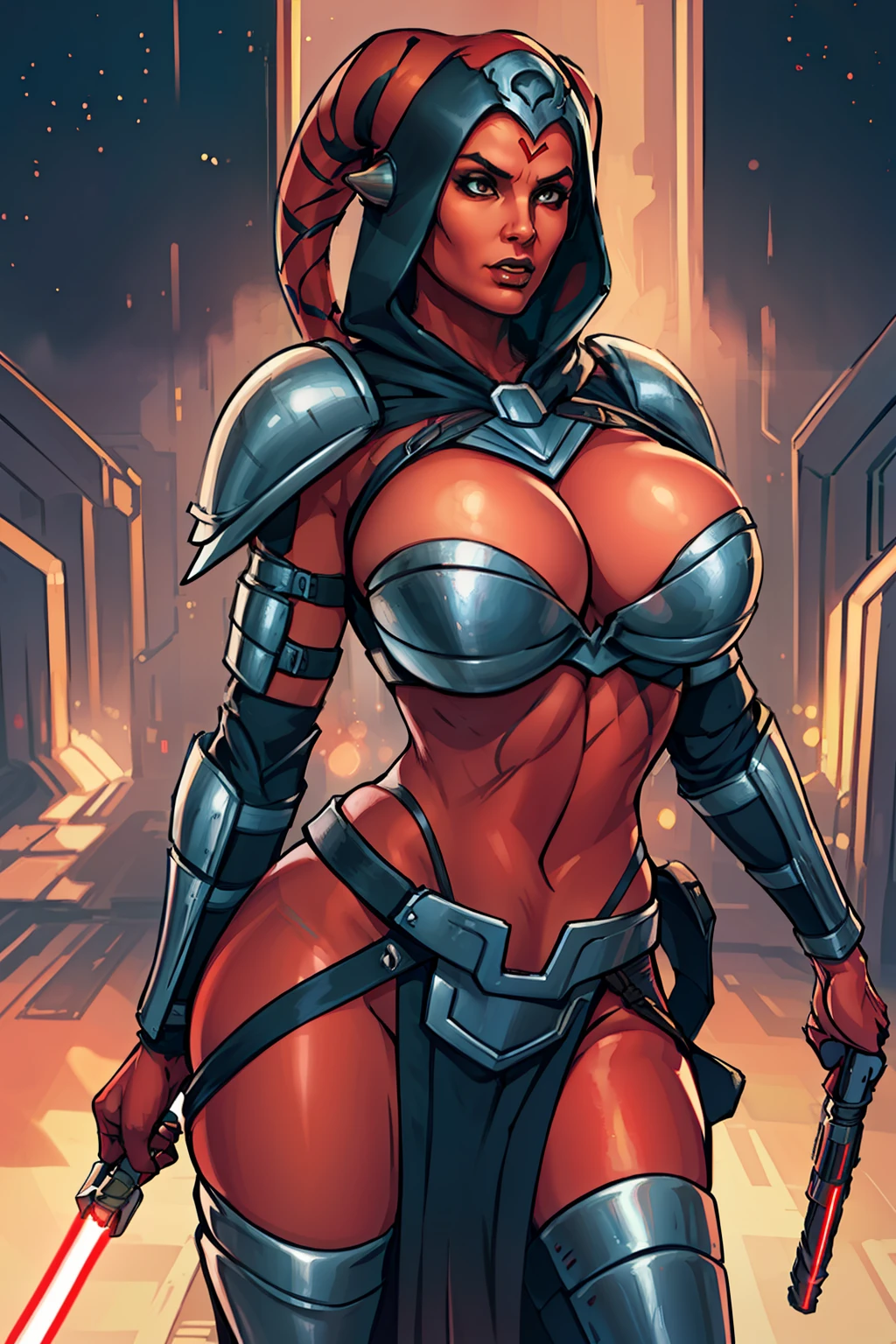 busty, masterpiece, best quality, highly detailed, award winning, high definition, ((red skin), twi'lek), dual red lightsabers, evil space knight, space ninja, (black robes, black stealth armor, breastplate, tunic, tabard, cowl, cloak, body glove, straps, buckles, skirts, long sleeves, fantasy, ((armor))), ((busty), slender body, thin, slim sexy body, slim waist, (((huge breasts)))), Imperial starship, Star Wars,