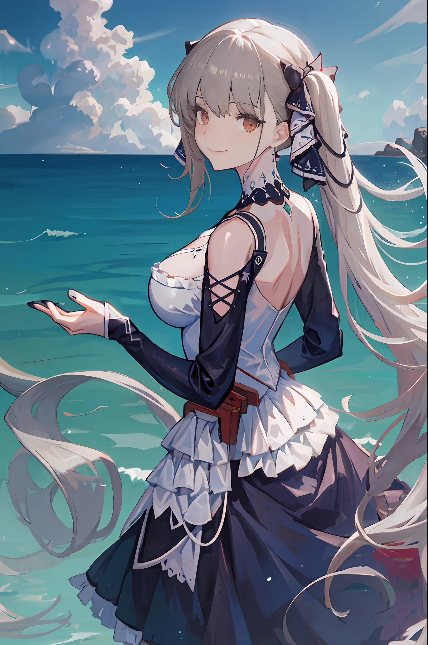 formidable_default, dress_default, cowboy shot, from side, from behind, looking at looking at viewer, smile, outdoors, blue sky, cloud, ocean