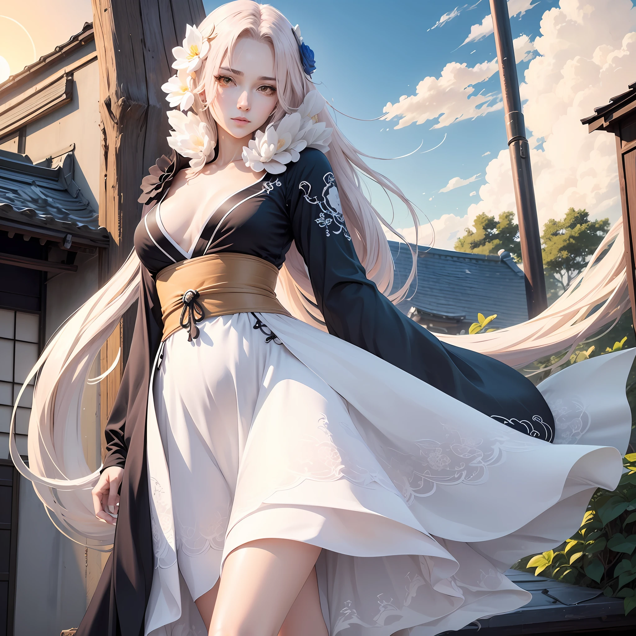 Single white tech set,Long hair and waist,One hand crosses the waist,,on the rooftop,Japanese manga style,very refined,In the setting sun,Heads-up,Visible Pore,Very sexy,Detailed background --auto