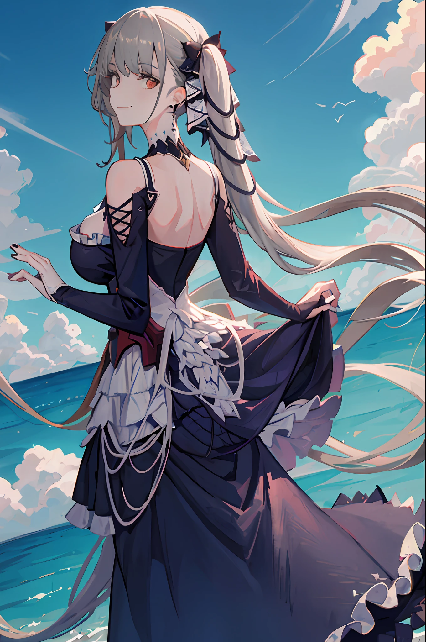 formidable_default, dress_default, cowboy shot, from side, from behind, looking at looking at viewer, smile, outdoors, blue sky, cloud, ocean