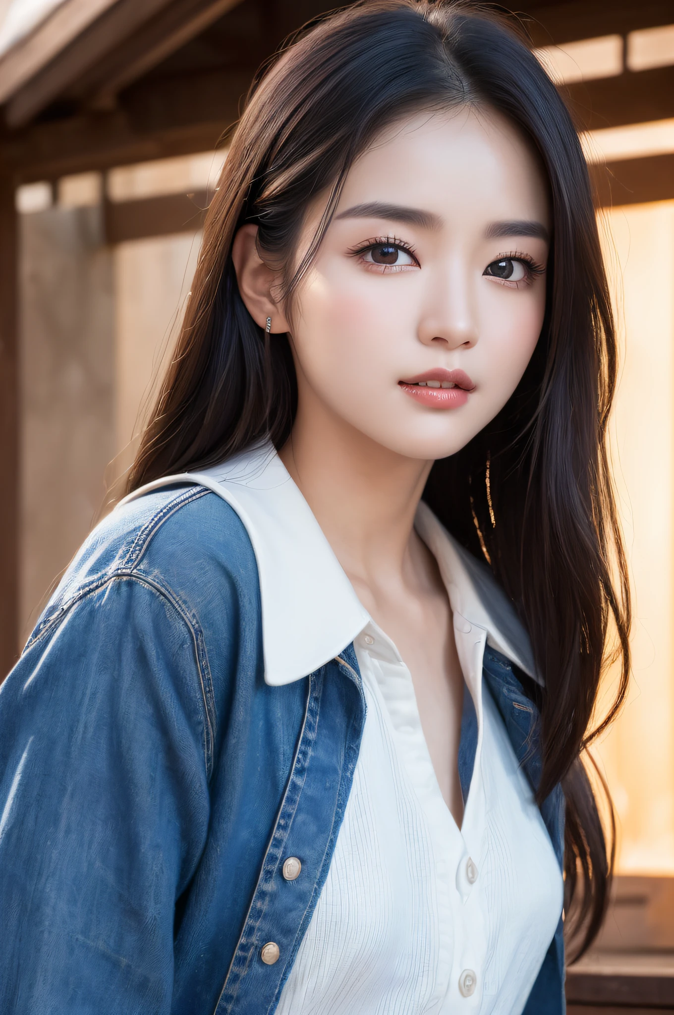 ((best qualtiy、8k masterpieces:1.3))、foco nítido:1.2、(ultra beautiful faces:1.0)、(shinny skin:1.0)、photos realistic、A dark-haired、Video Lighting、High-definition eyes and face、Video Lighting、(cowboy  shot:1.3)、(Korean Cute Actress)、from the front side、medium large breasts、ssmile、Sleeveless、Wearing a white blouse