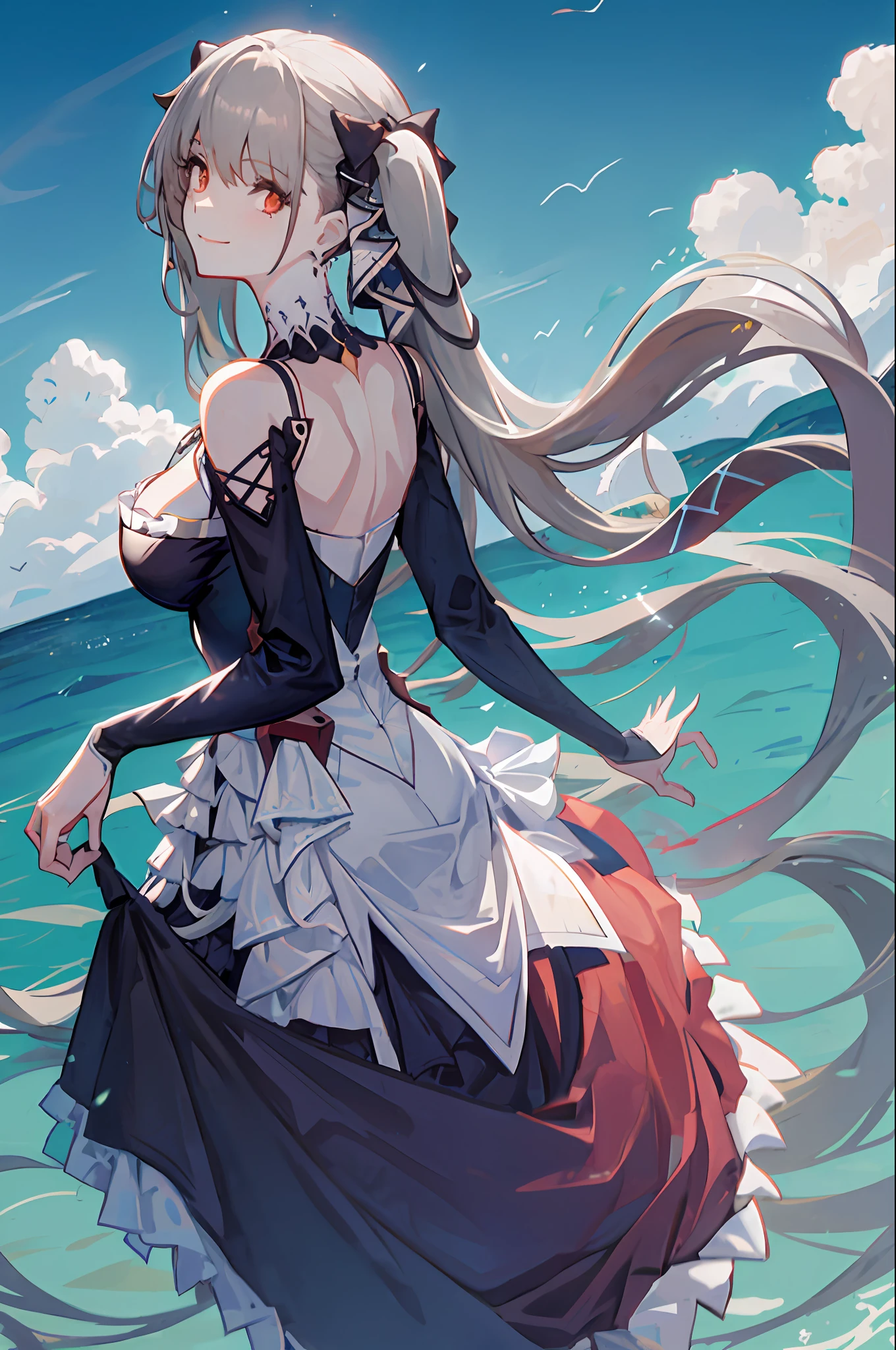 formidable_default, dress_default, cowboy shot, from side, from behind, looking at looking at viewer, smile, outdoors, blue sky, cloud, ocean