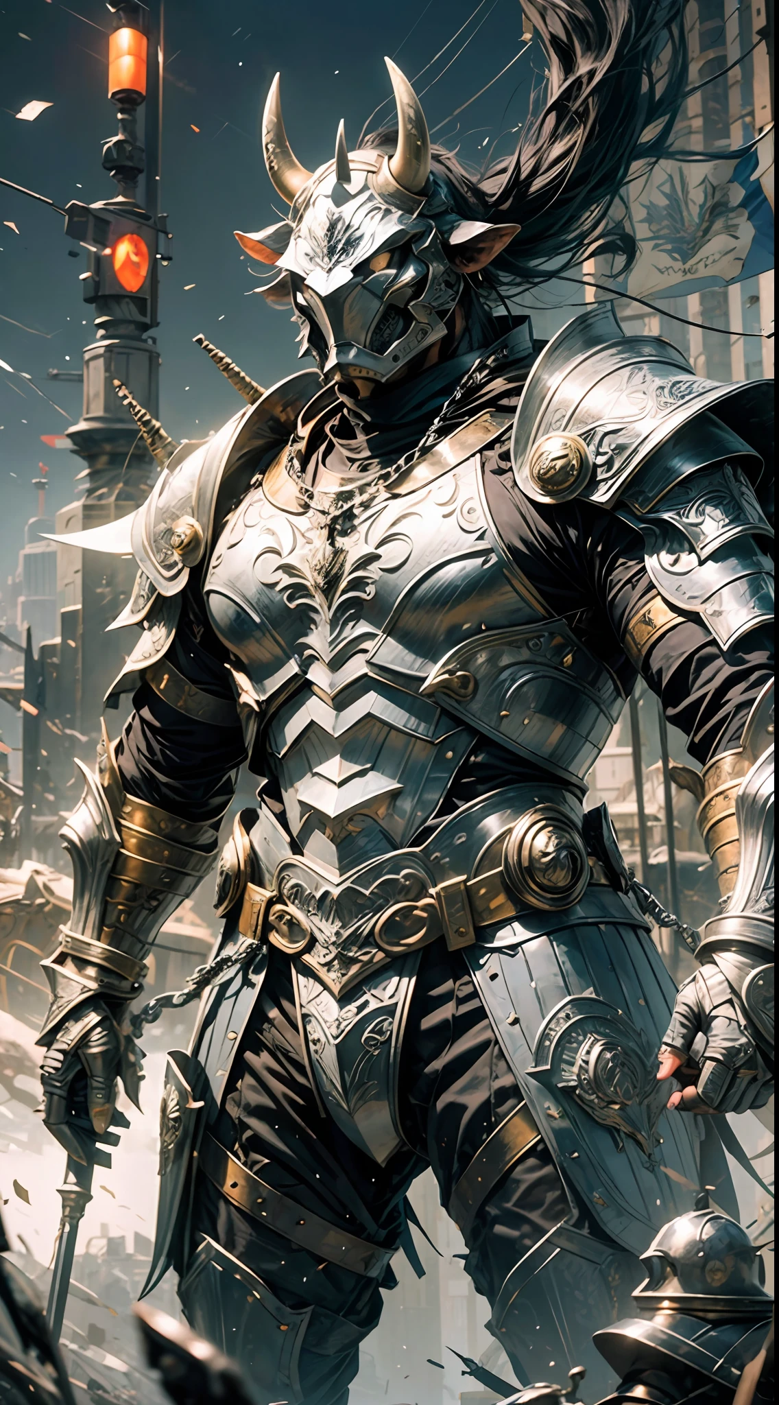 "Film clip of the Silver Armored Bull Warrior，Cow，strong，Elaborate heavy armor glistens in movie lights。”