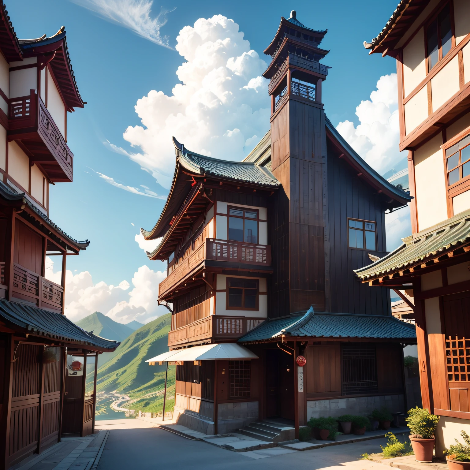 Ancient wind，Quaint，Chinese，Restaurants，The exterior of the entire building，wood，high rise，Located at the bottom of the mountain，The perimeter is empty，with blue sky and white clouds --auto