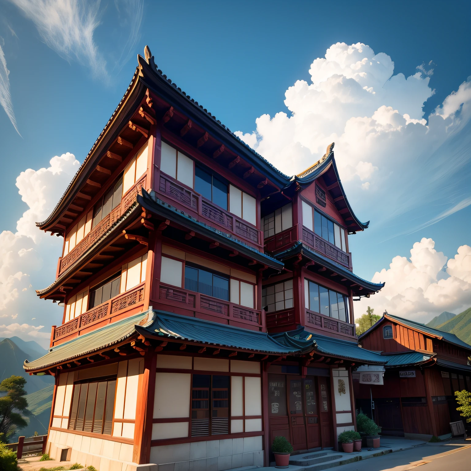 Ancient wind,Quaint,Chinese,Restaurants,The exterior of the entire building,wood,high rise,Located at the bottom of the mountain,The perimeter is empty,with blue sky and white clouds --auto