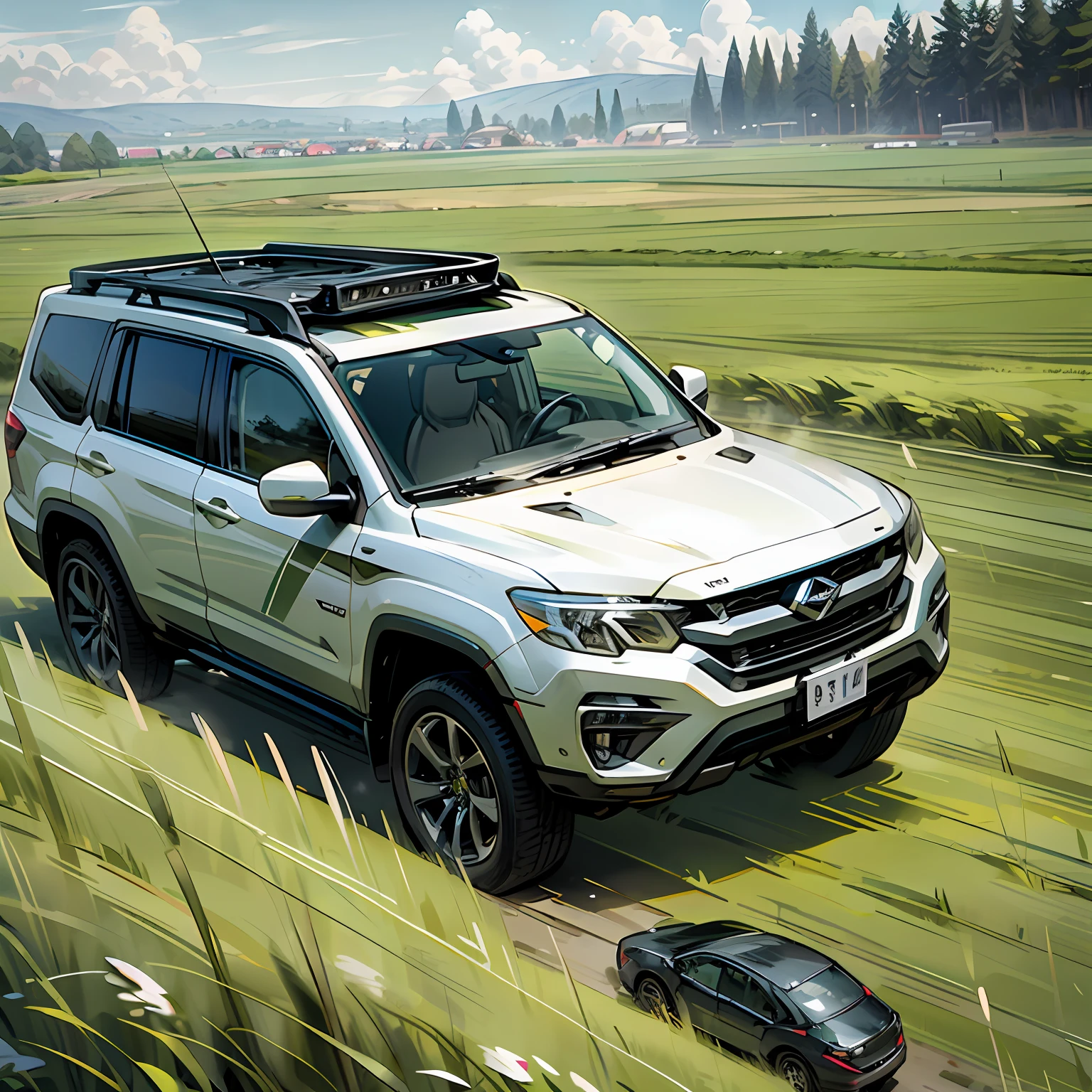 grass field,Travel by car,drifting,Advertising graphics,Green grass and blue sky,k hd,The picture quality is clear,poster for,6:9 sizes,SUV,The proportion of cars in the map is not higher than 30%,Layered,live shooting --auto